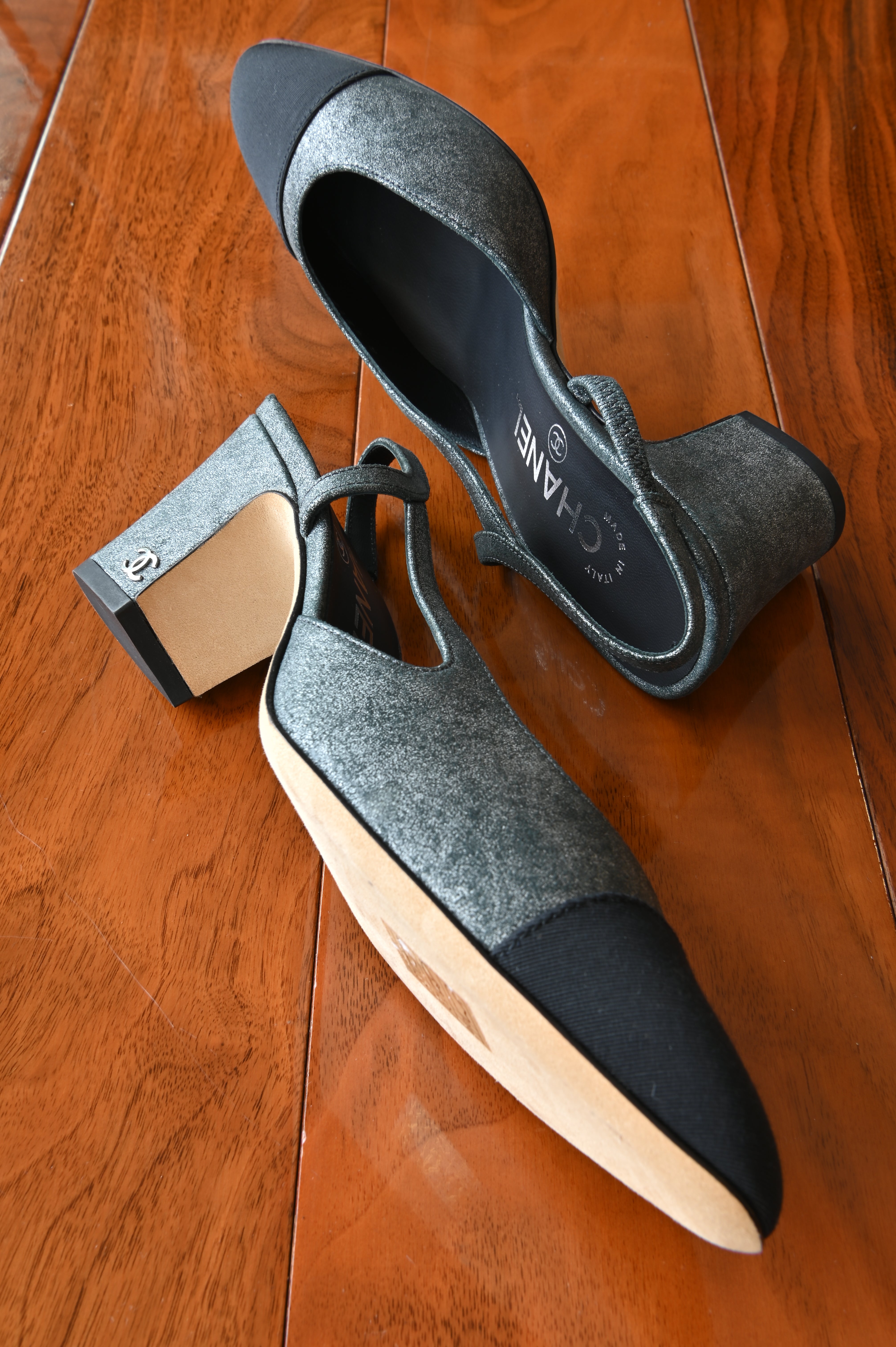 Chanel CC Grey Silver Suede Black Cap Slingback Pumps side