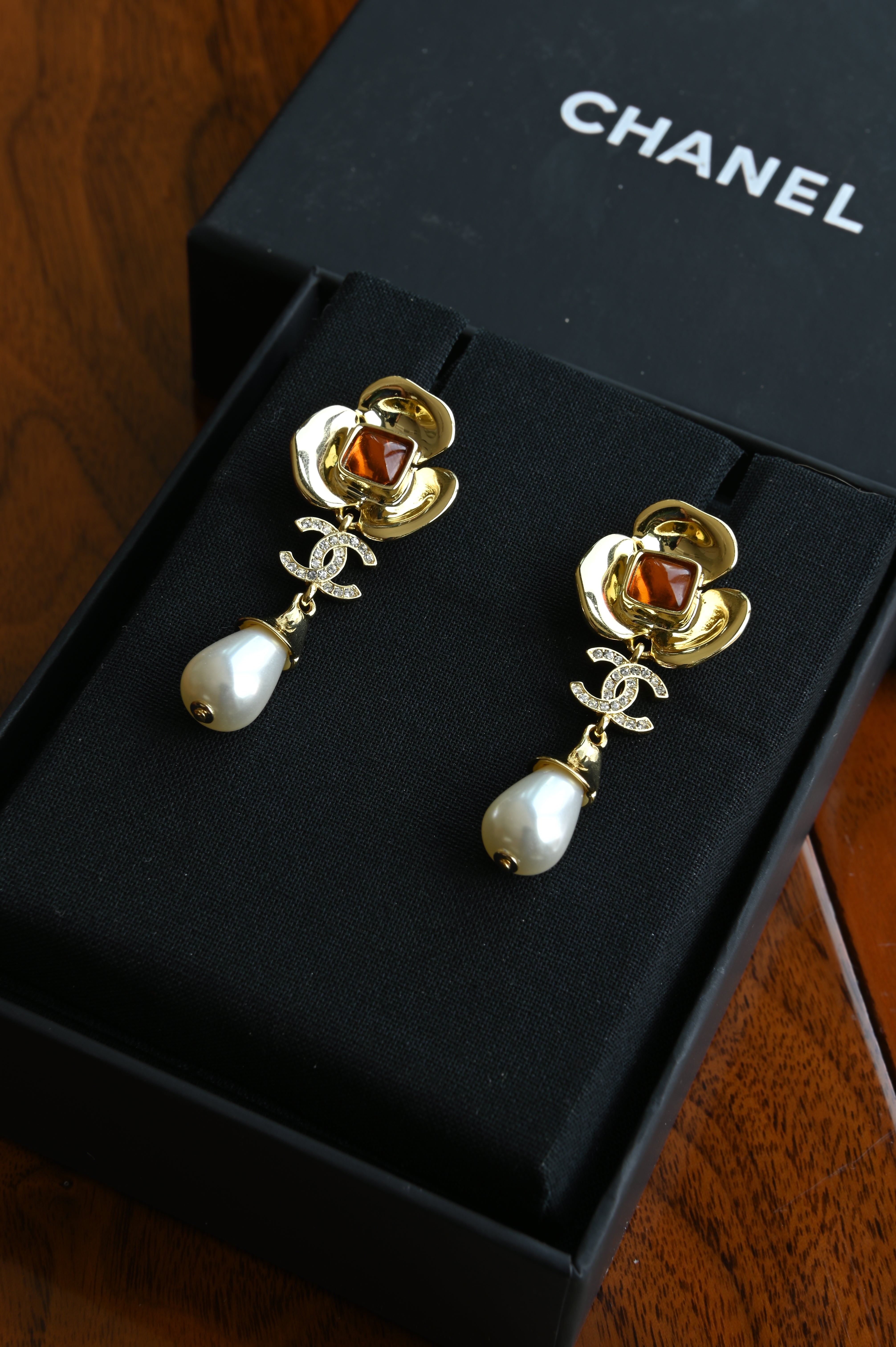 Chanel CC Ruby Pearl Pendant Earrings front