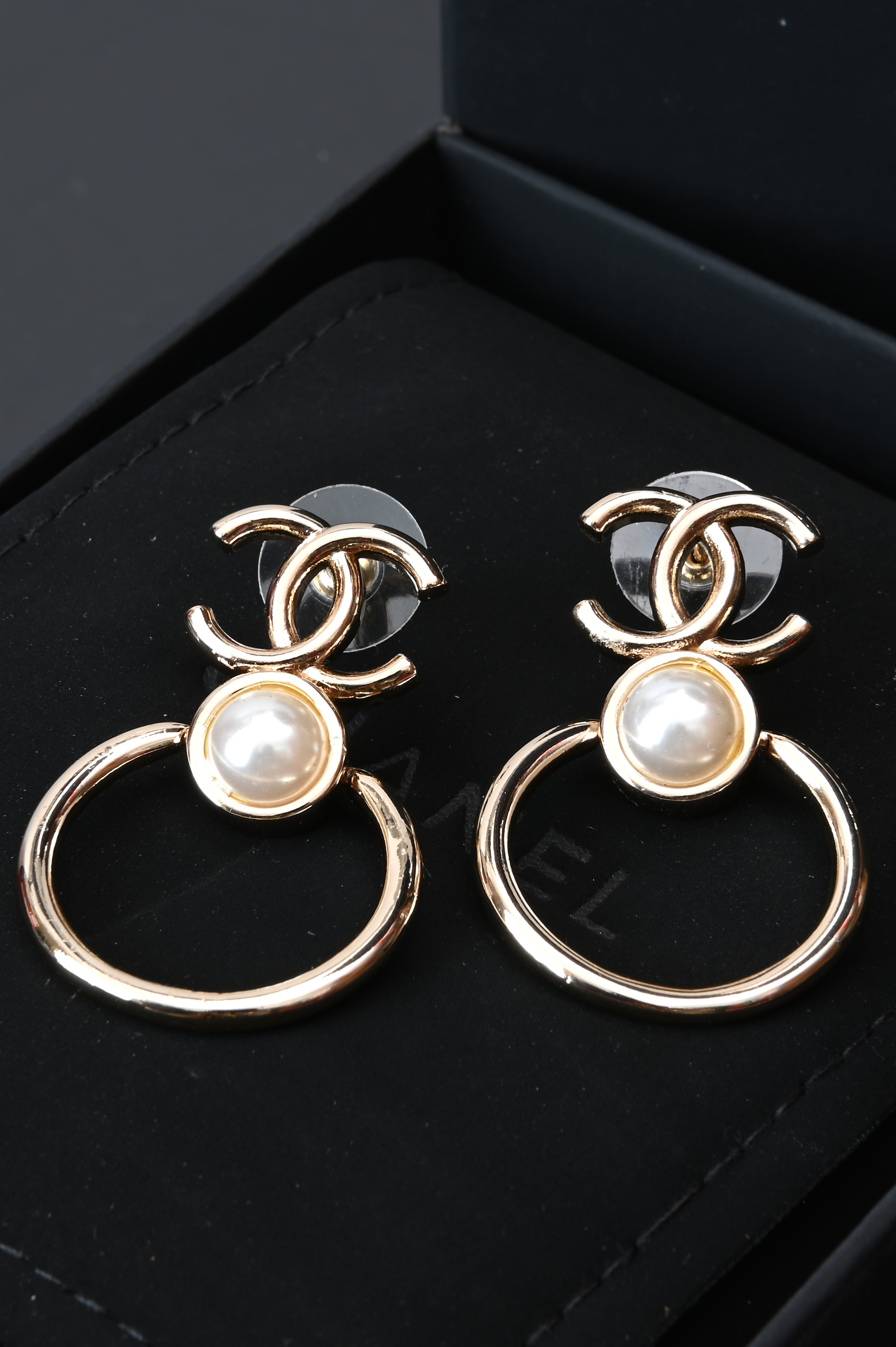 Chanel CC pearl hoop drop earrings