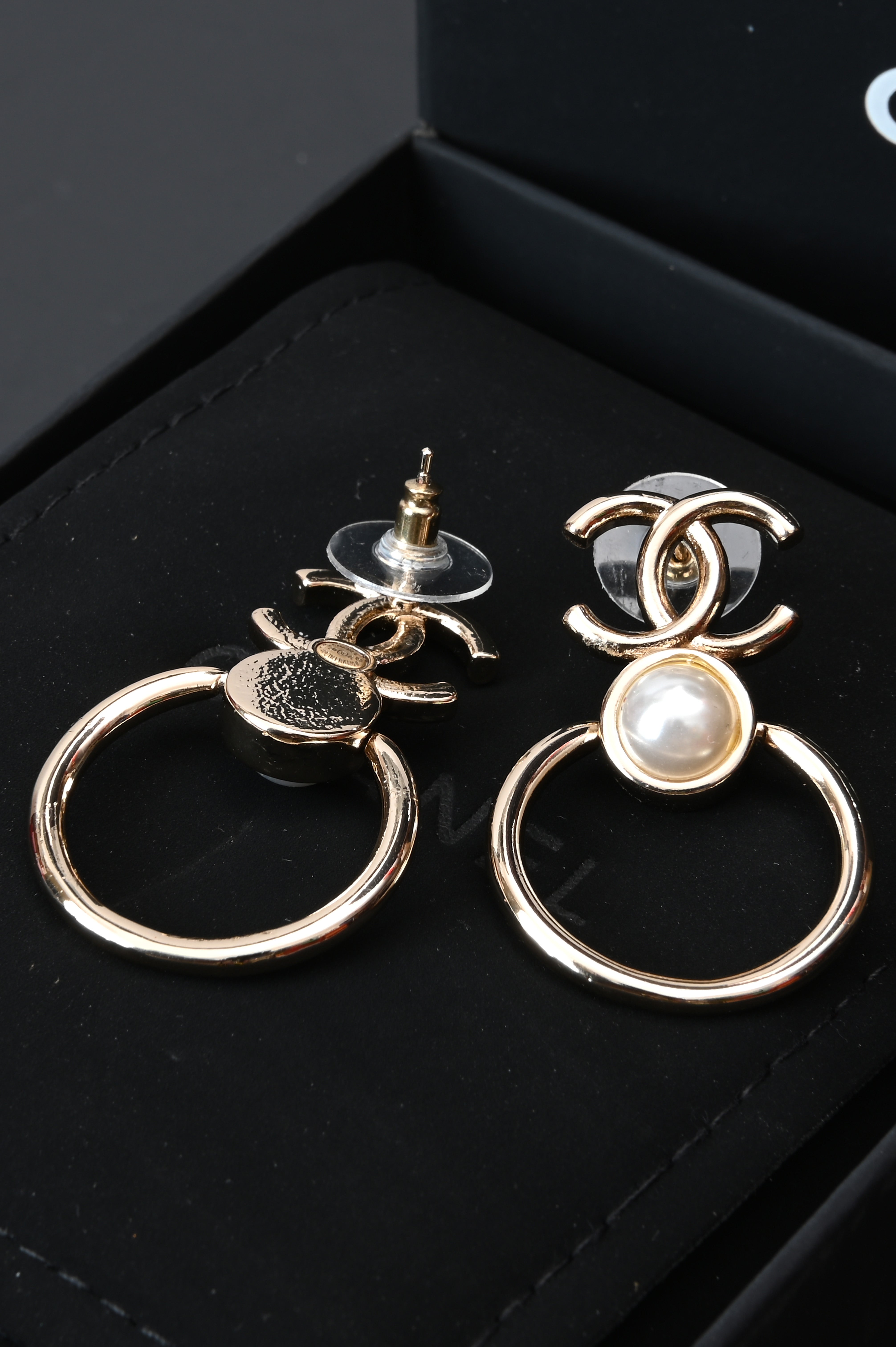 Chanel CC pearl hoop drop earrings
