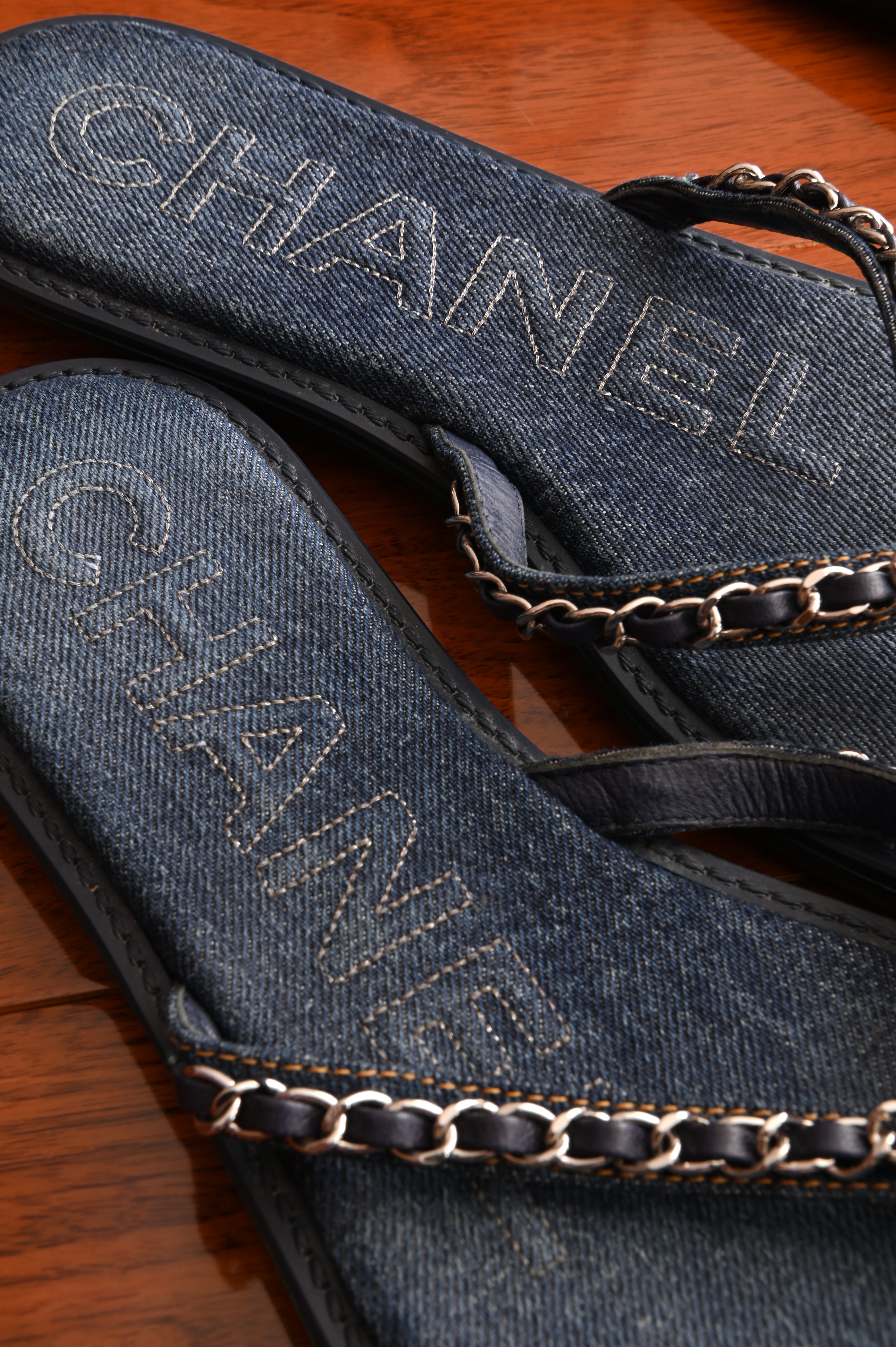 Chanel Chained Denim Sandals logo two