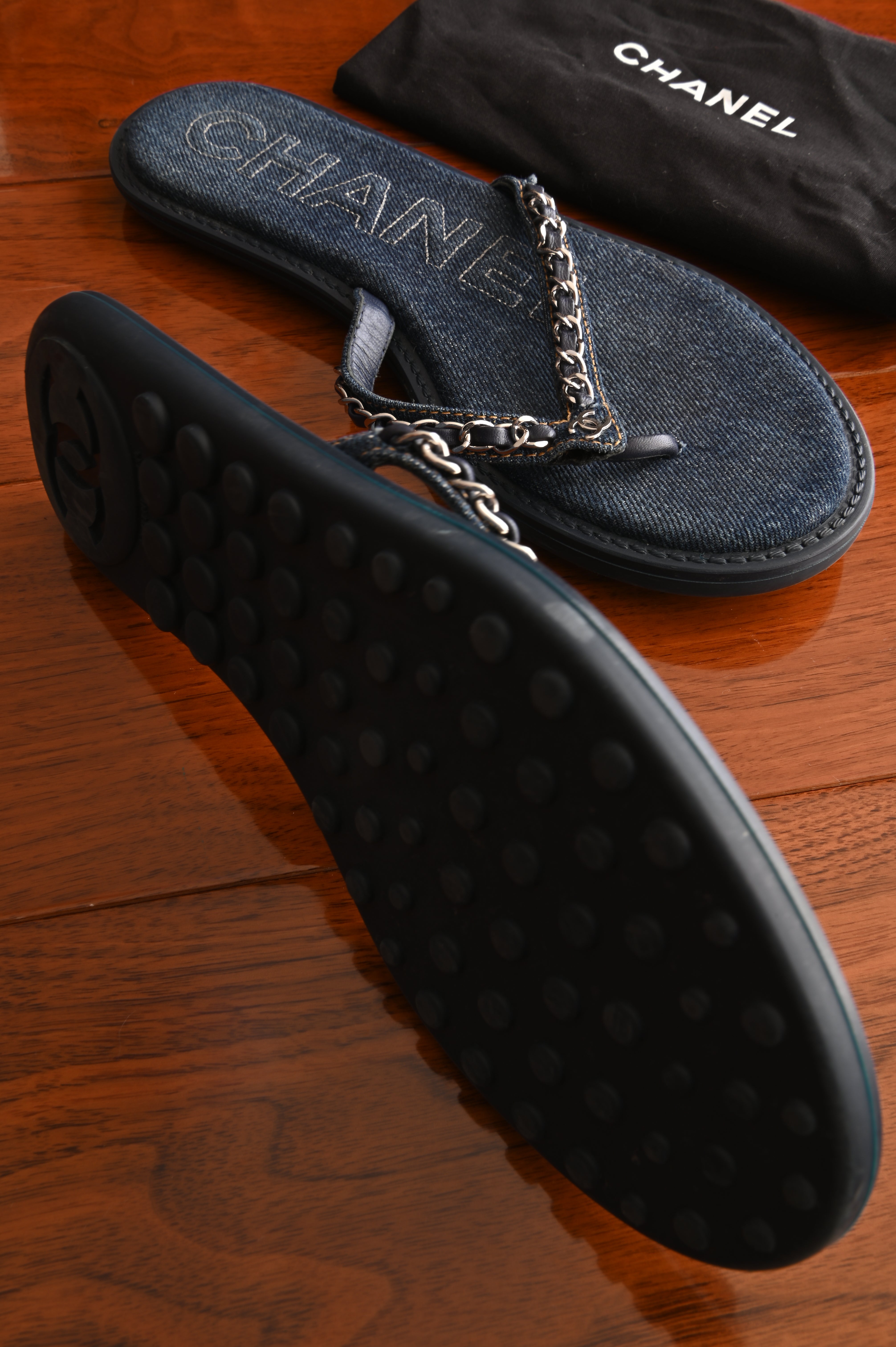 Chanel Chained Denim Sandals right bottom