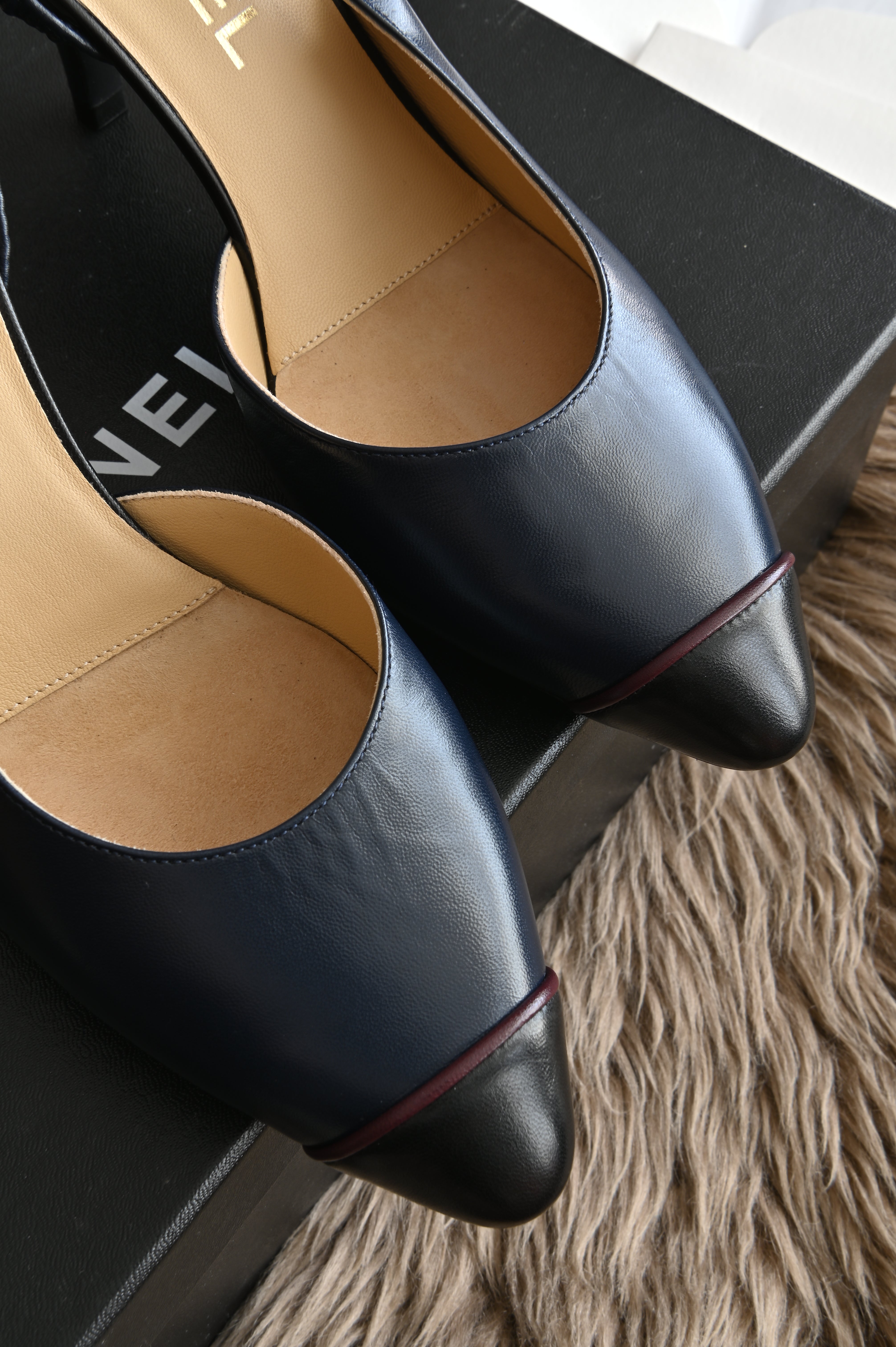 Chanel Dark Blue Slingback heels front close up