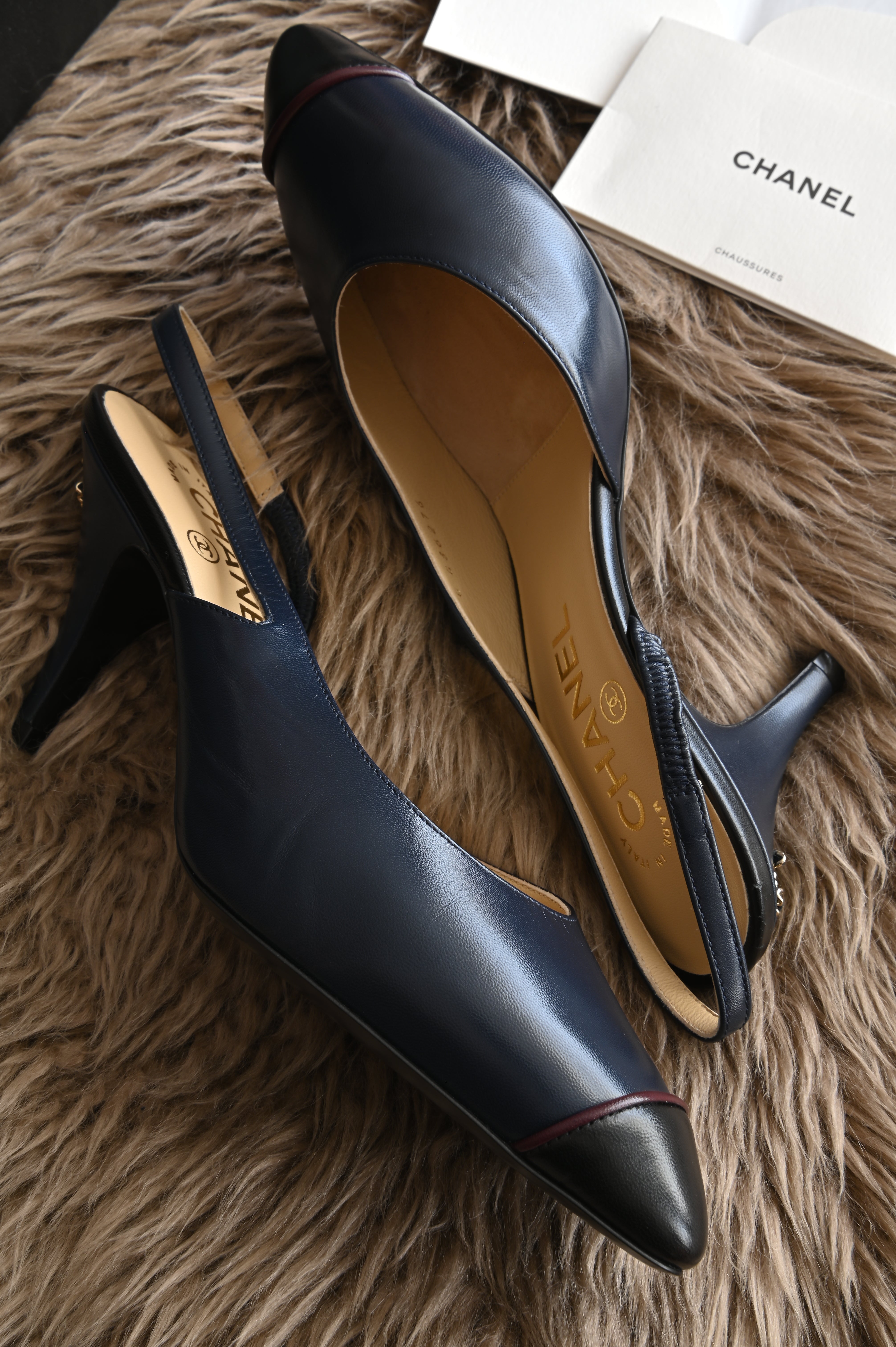 Chanel Dark Blue Slingback heels side