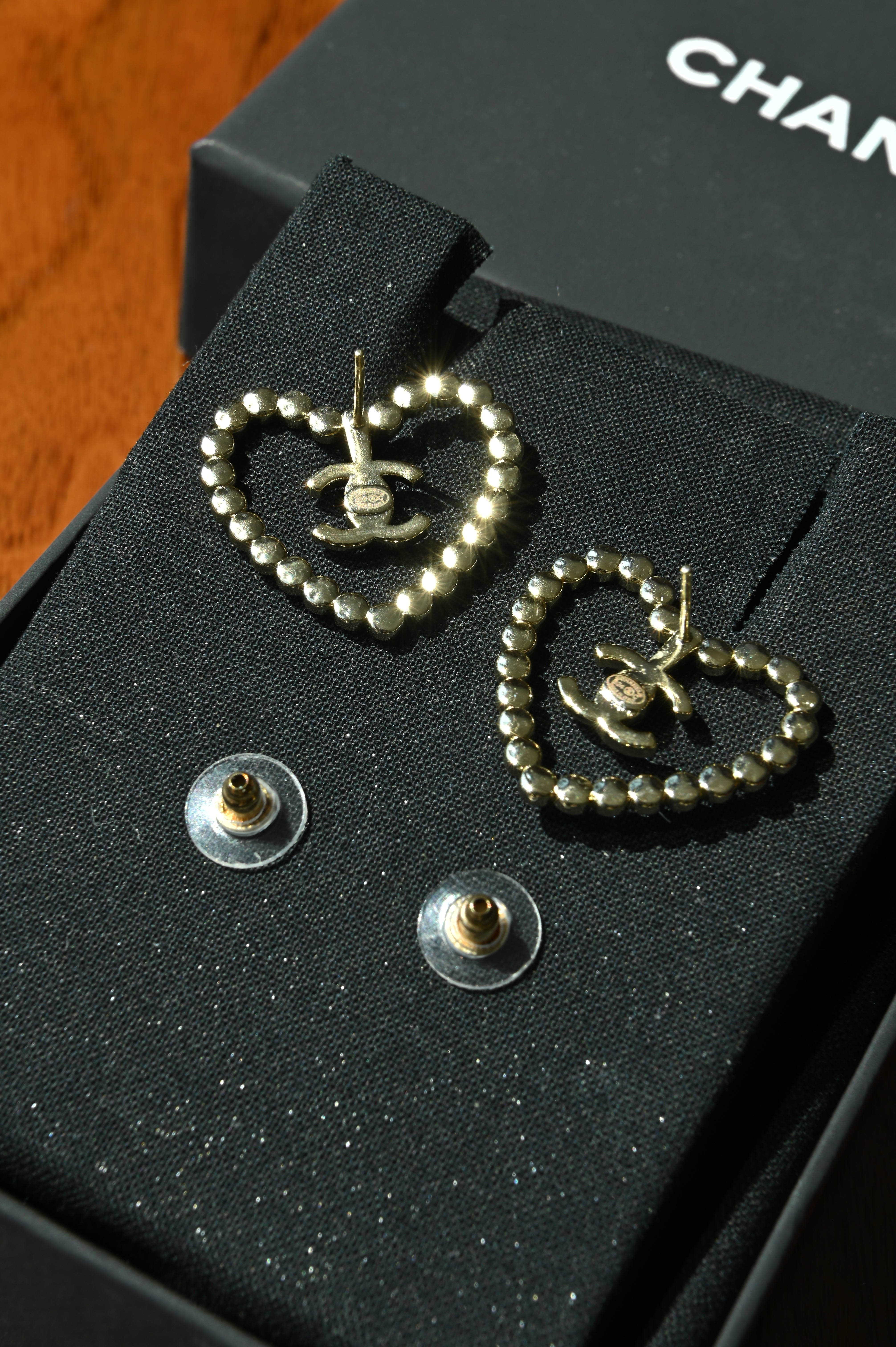 Chanel Gold Heart Logo Earrings back two