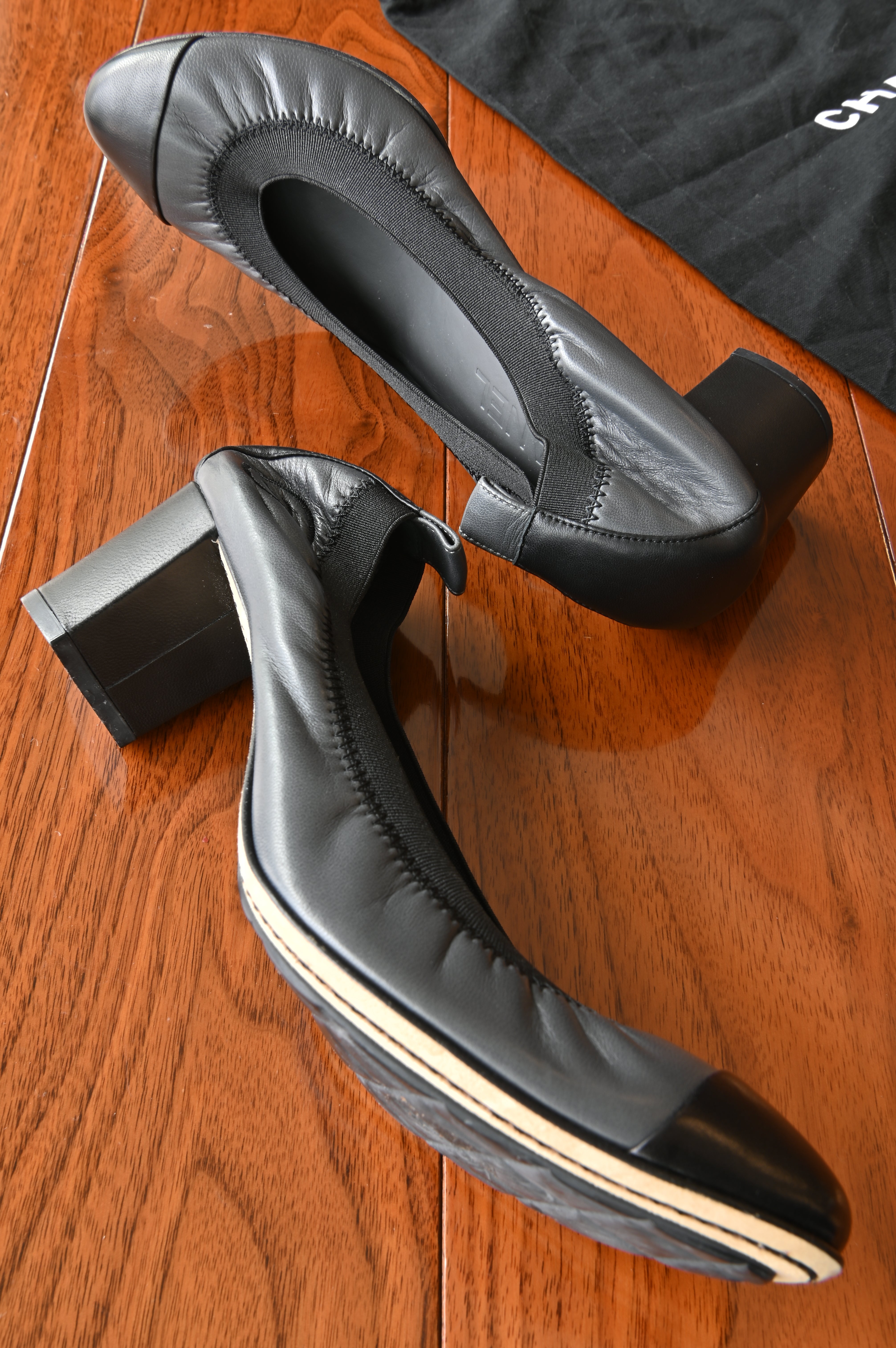 Chanel Grey Black Ballerina Pumps side