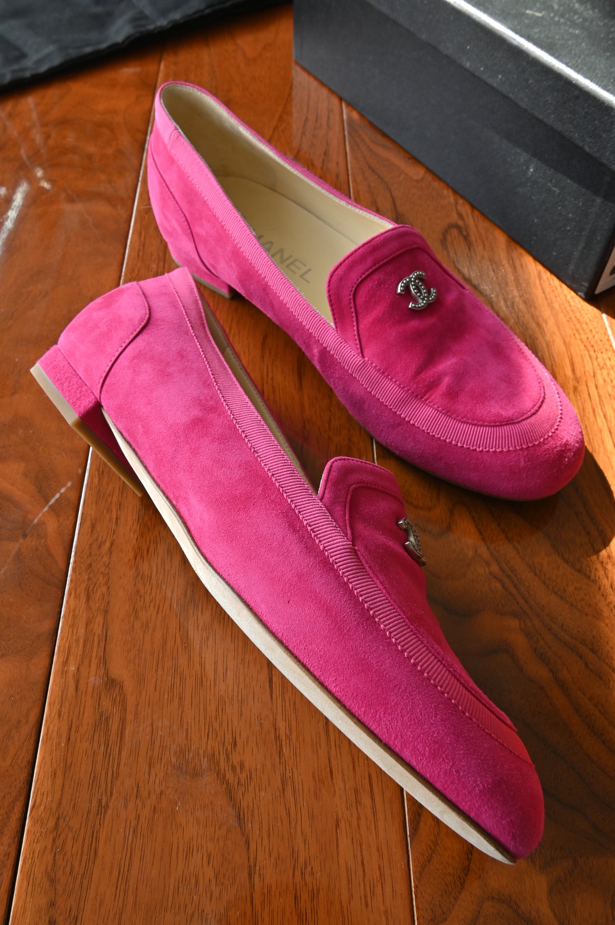 Chanel Hot Pink Suede Loafers left