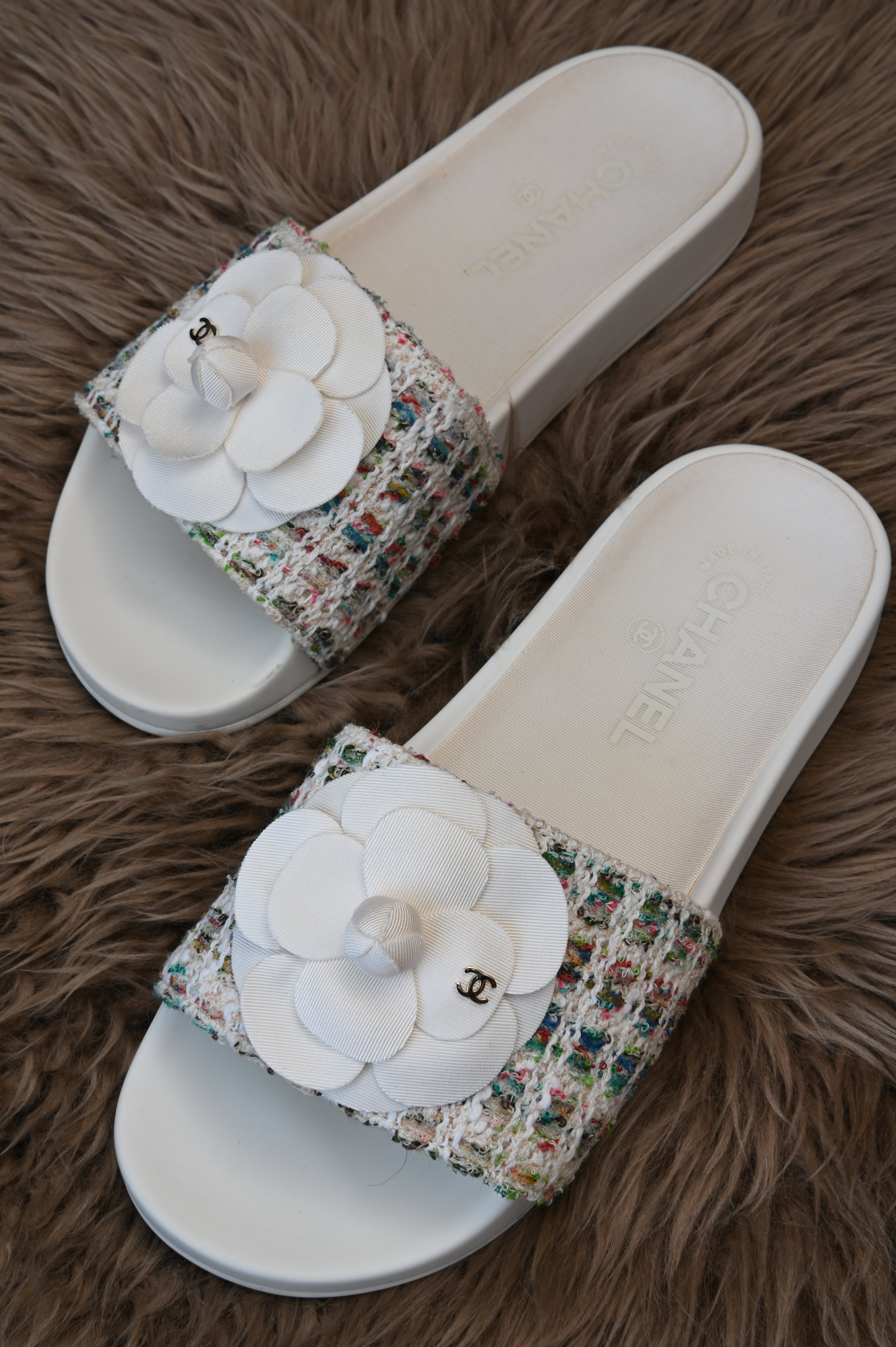 Chanel Multi-color Camellia Tweed CC Flat Slides size 37