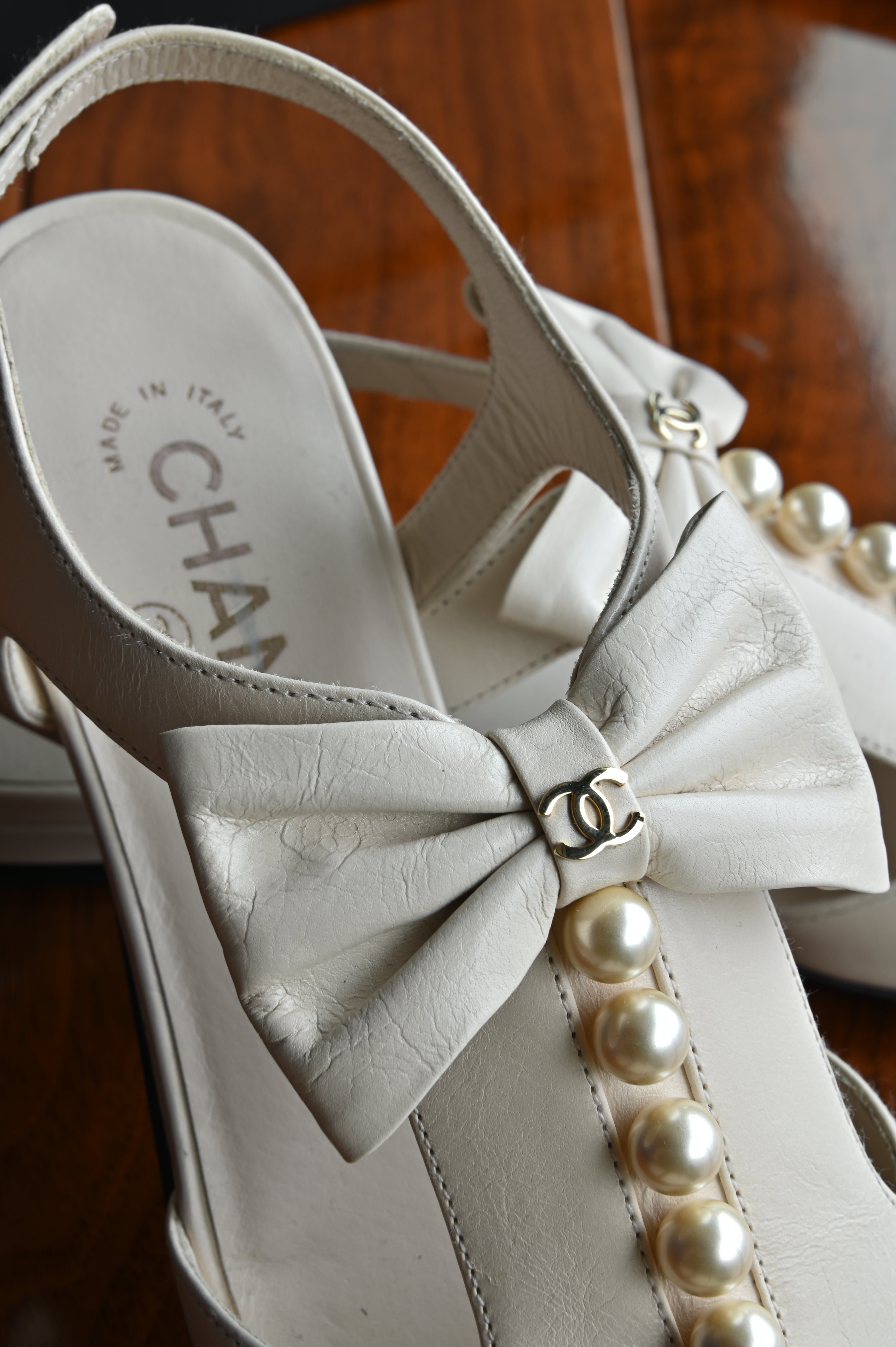 Chanel Pearl Beige Slingback Sandals detail two