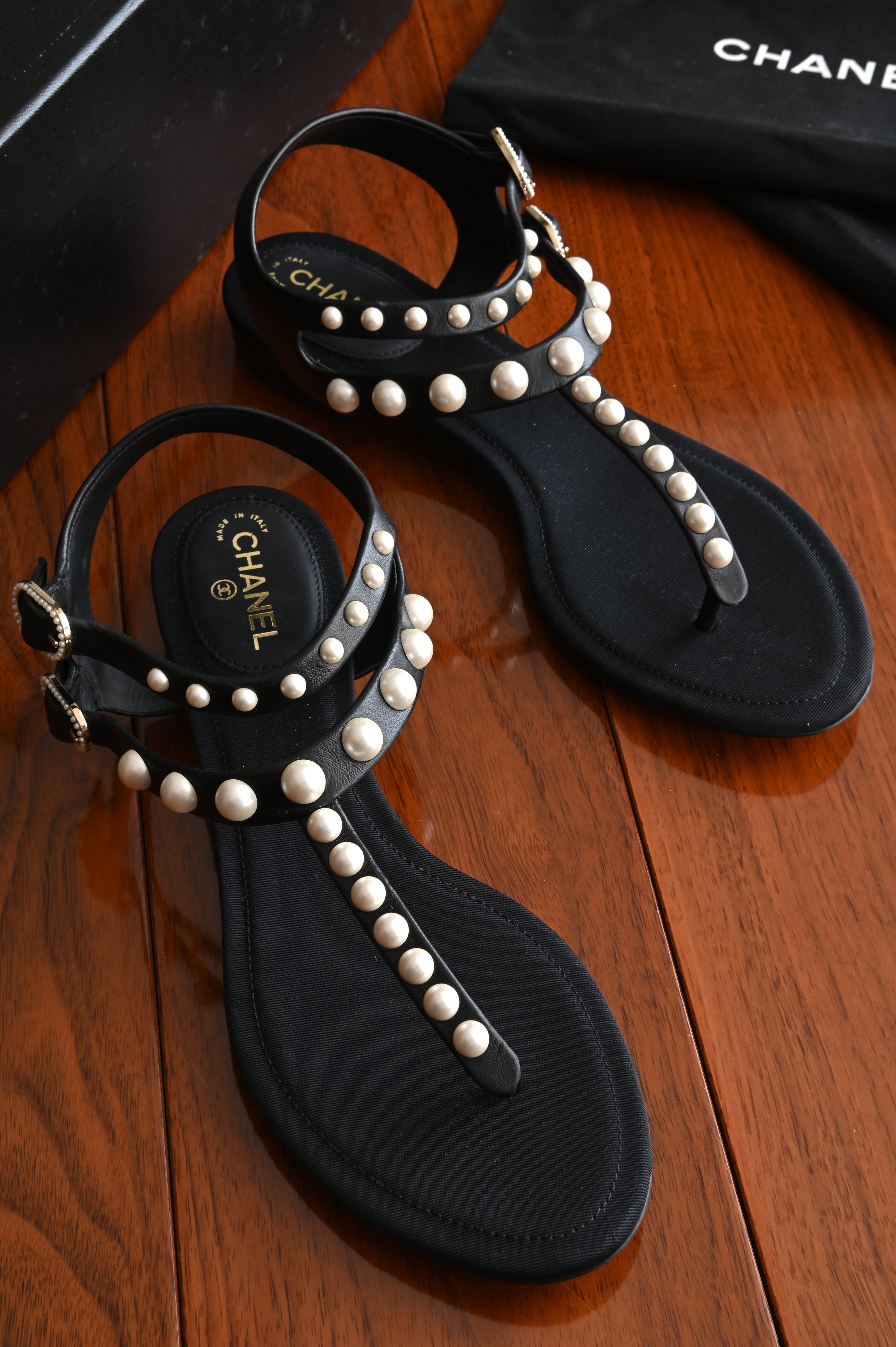 Chanel Pearl Black Thong Sandals