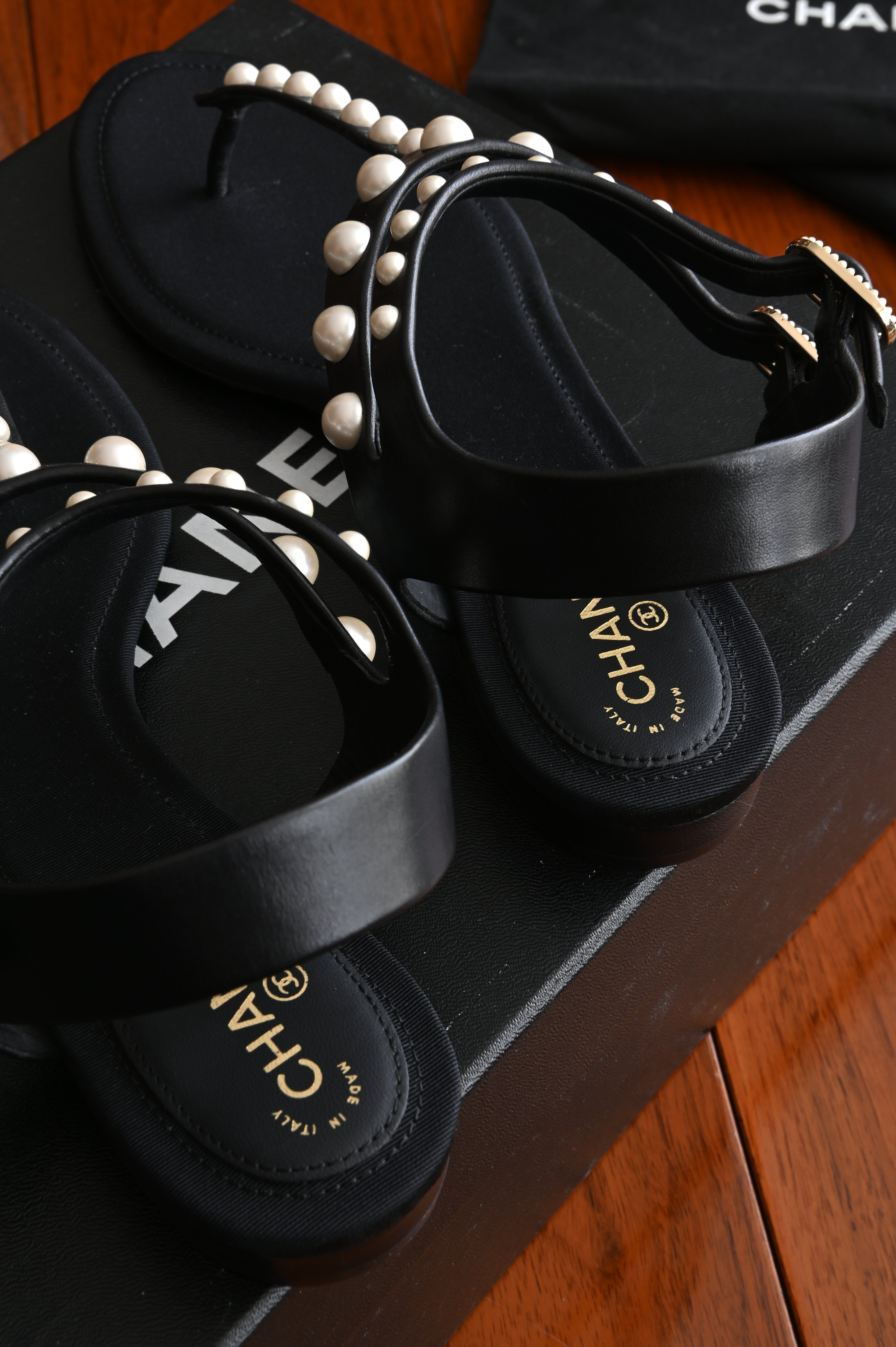 Chanel Pearl Black Thong Sandals