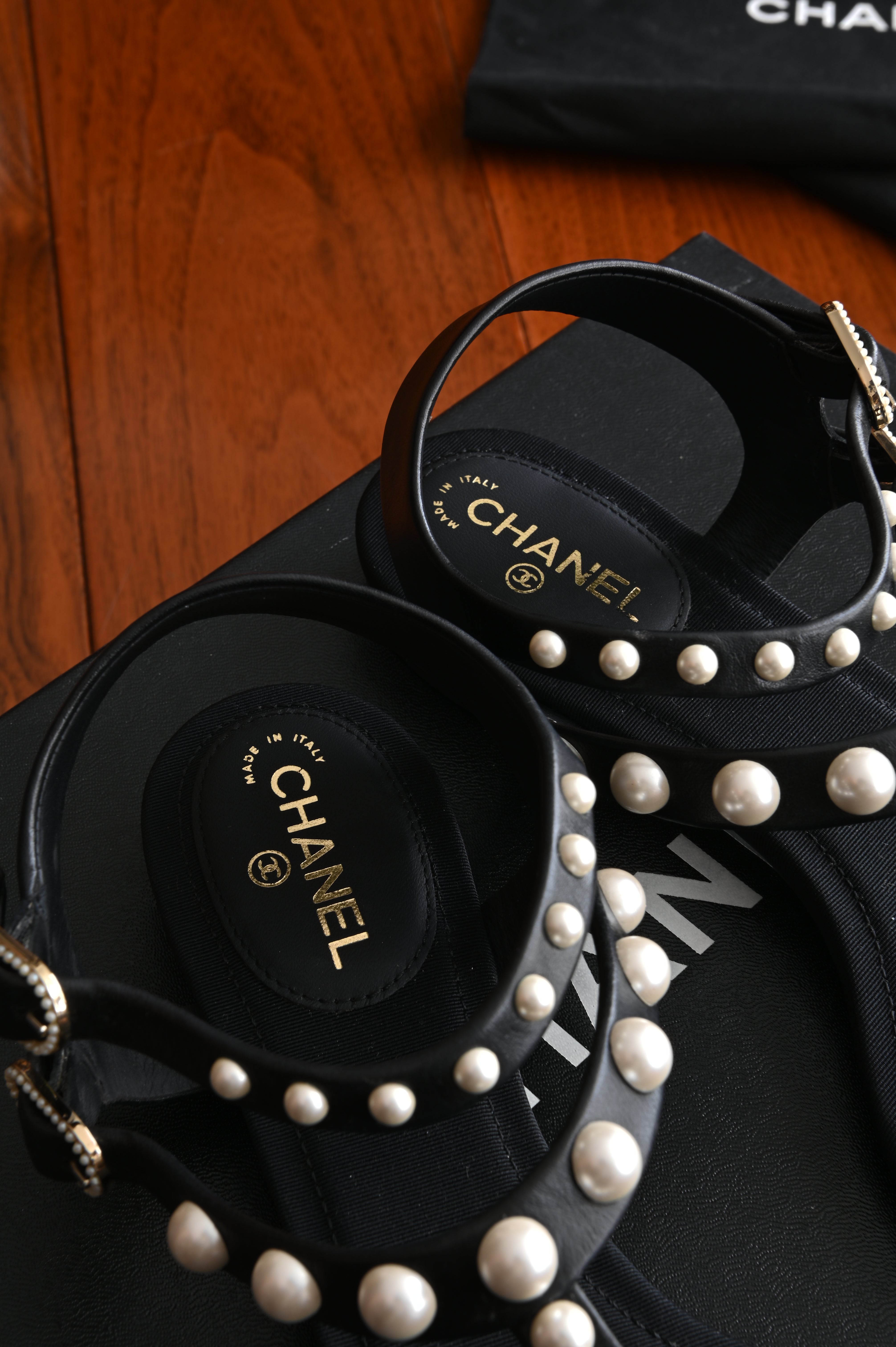 Chanel Pearl Black Thong Sandals