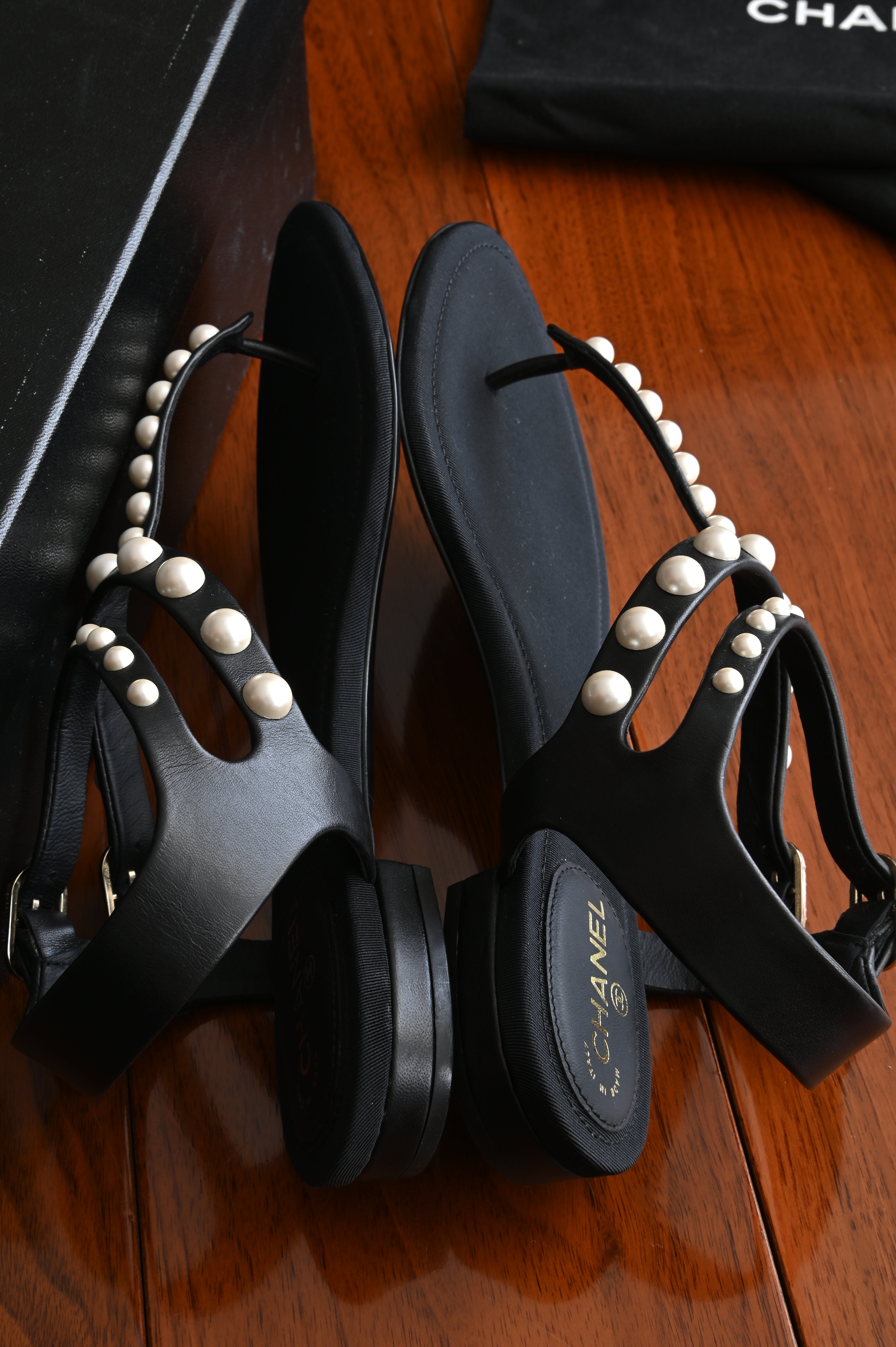 Chanel Pearl Black Thong Sandals