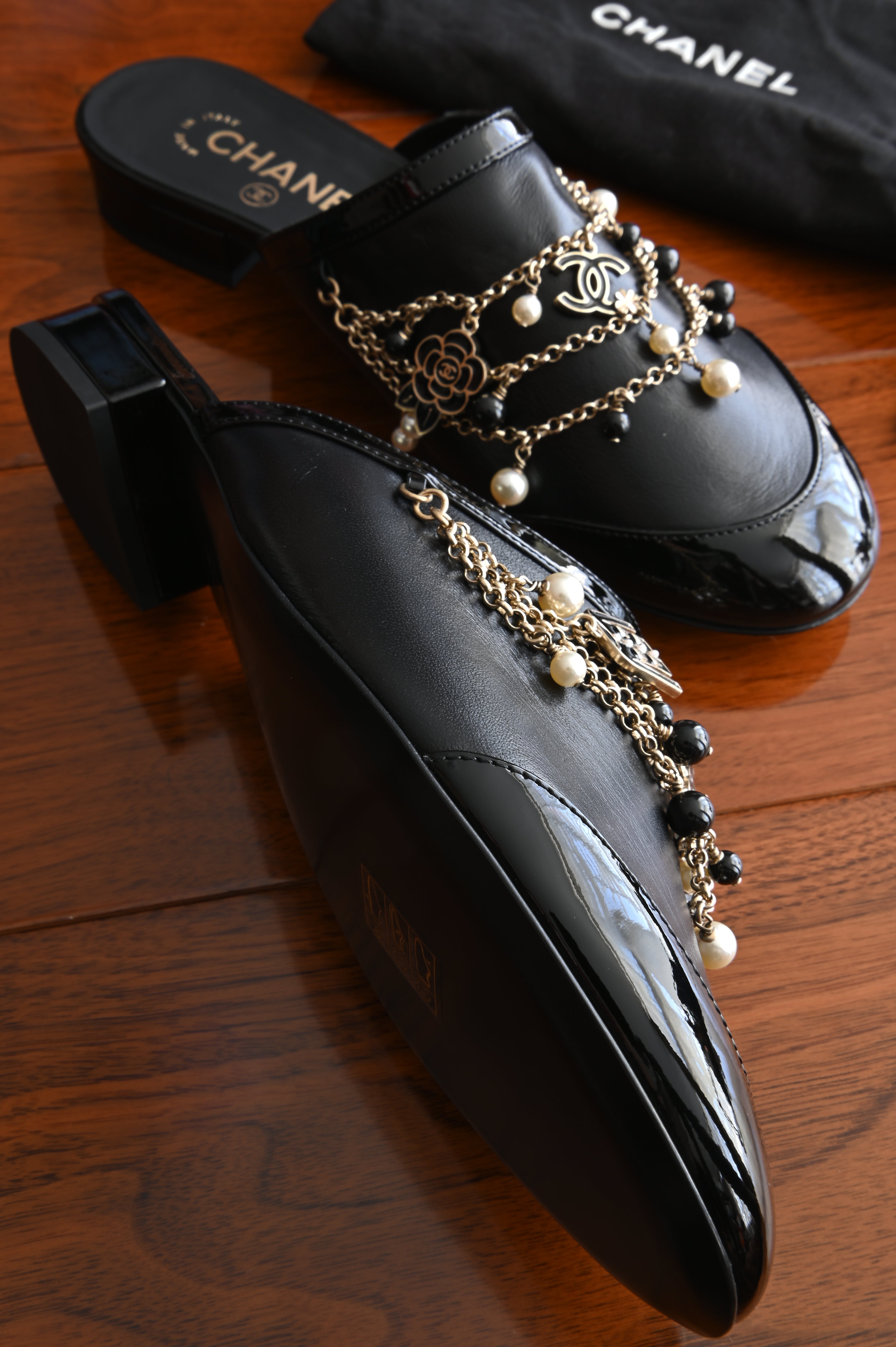 Chanel Pearl Charmed Chain Black Mules right bottom
