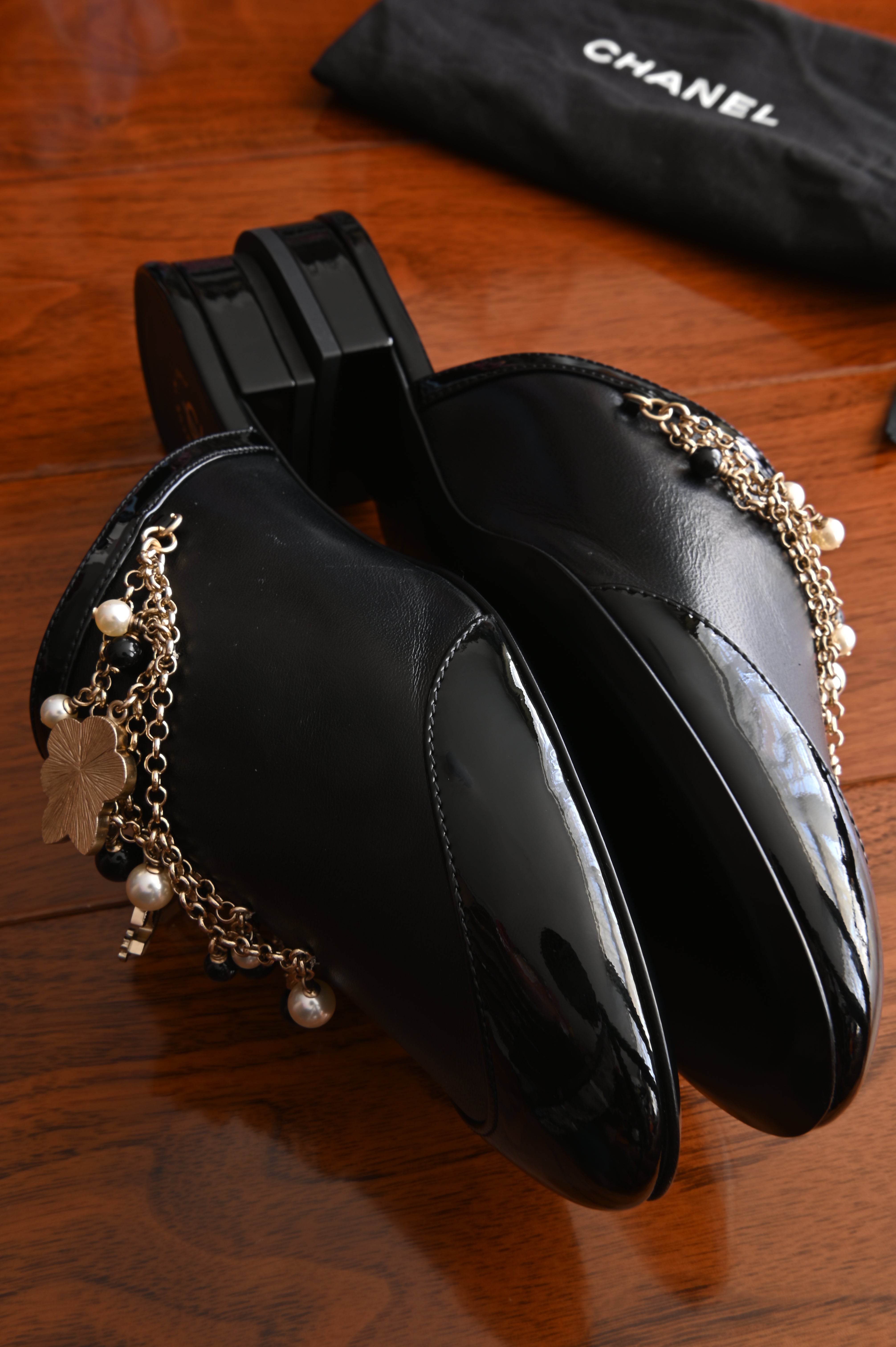 Chanel Pearl Charmed Chain Black Mules side two