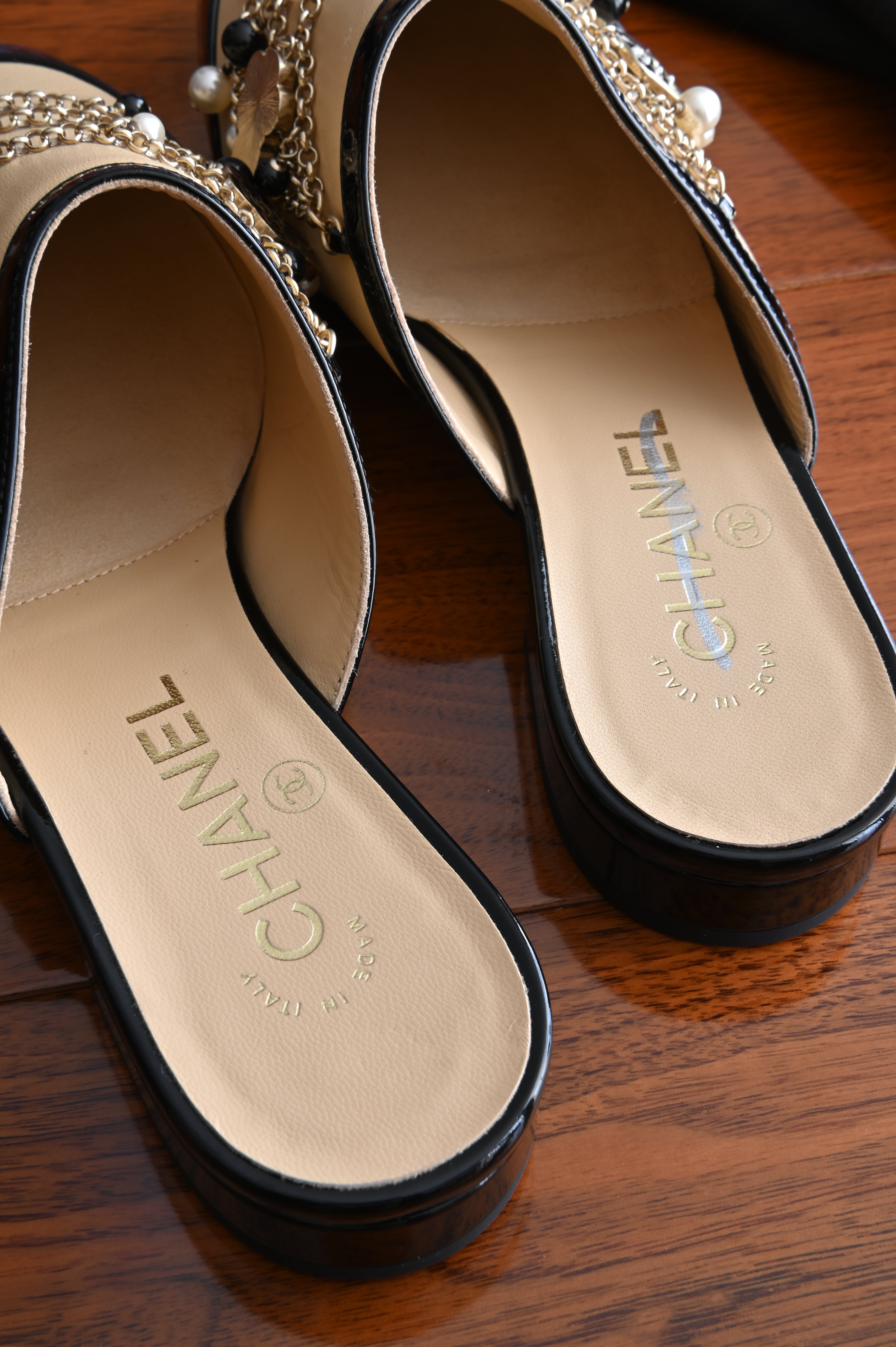 Chanel Pearl Charmed Chain Mules back