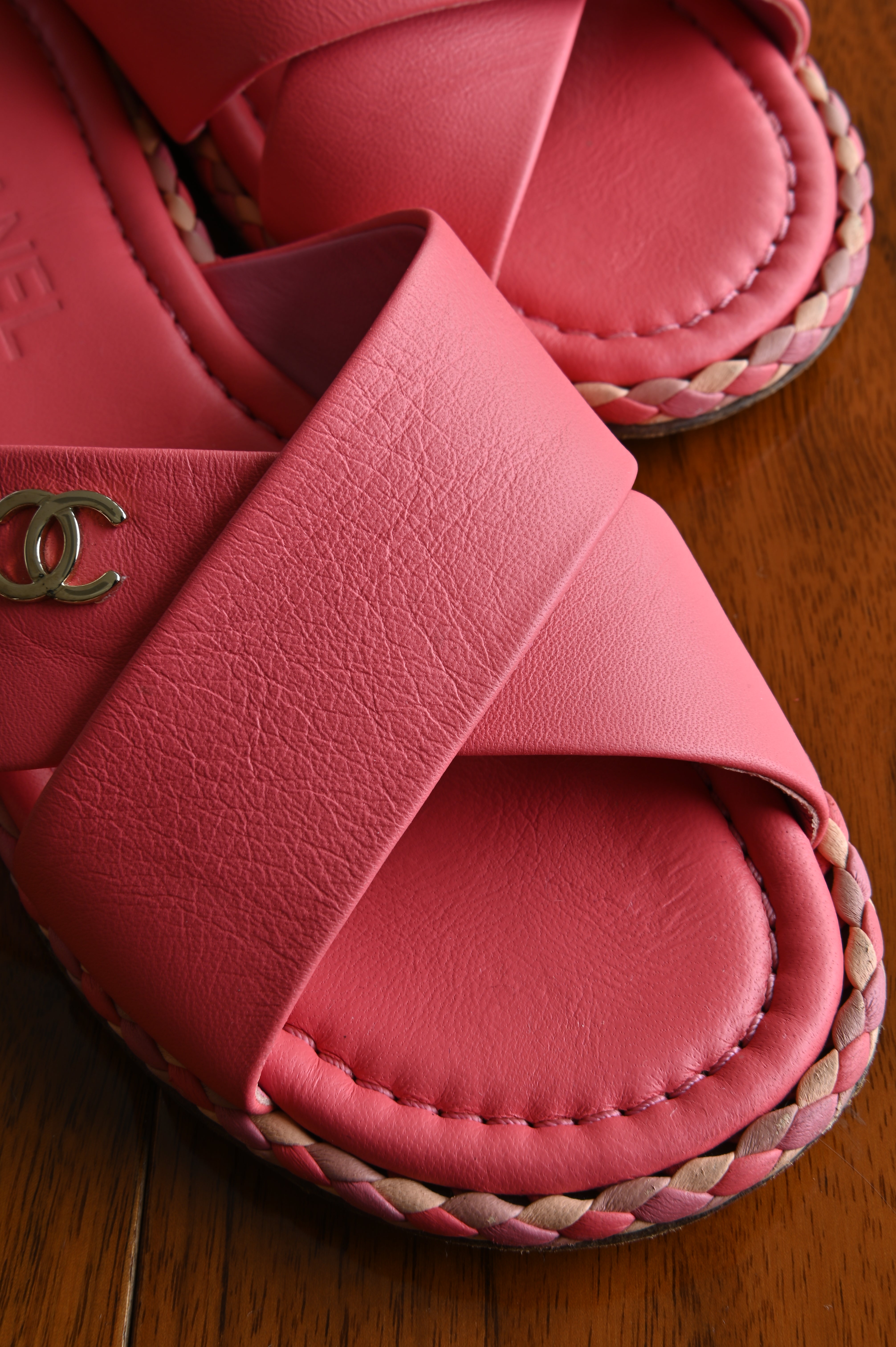 Chanel Pink Criss-Cross Sandal Flats front