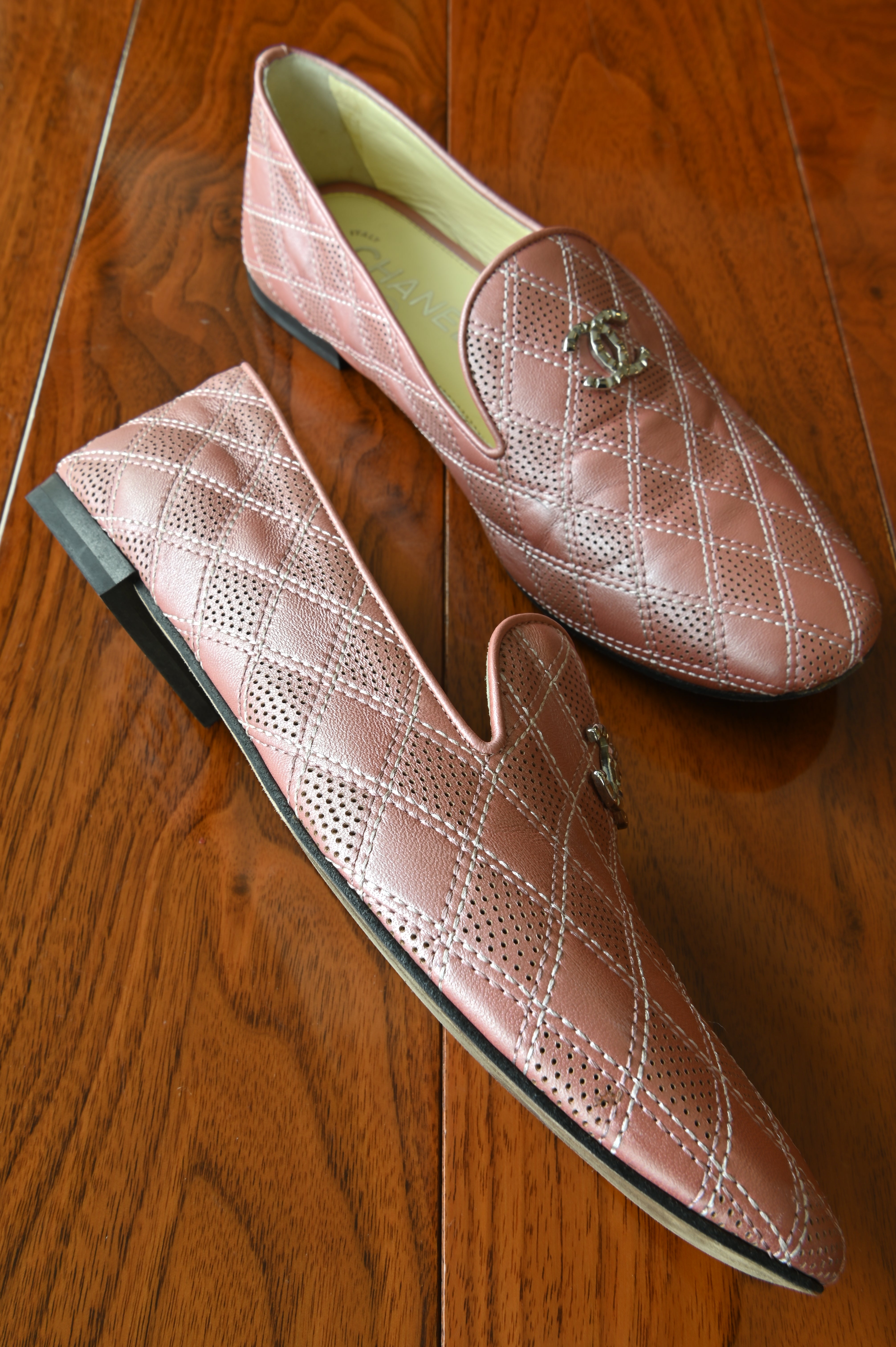 Chanel Pink Quilted Leather Loafers in Silver Hardware left