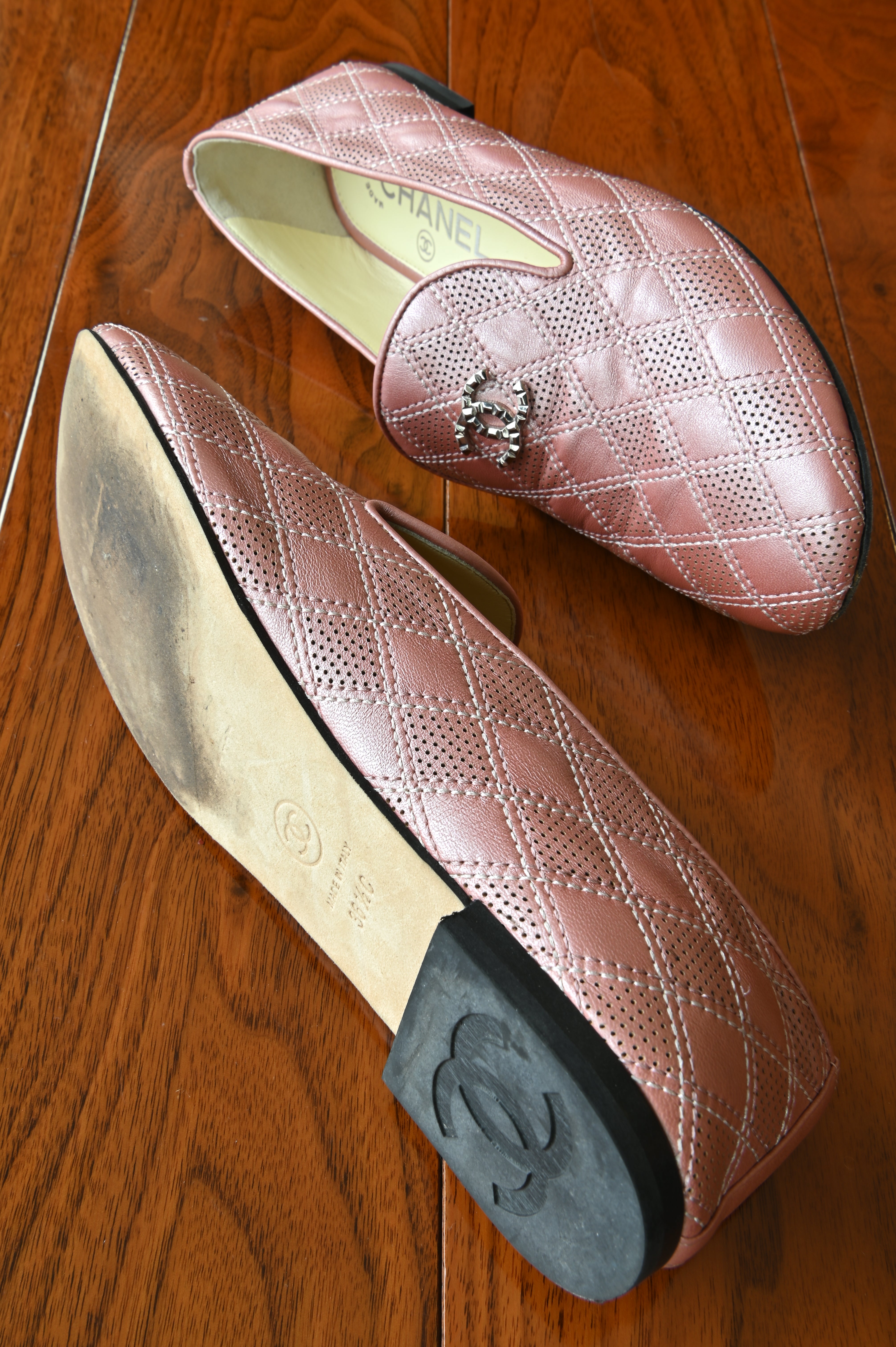Chanel Pink Quilted Leather Loafers in Silver Hardware side two