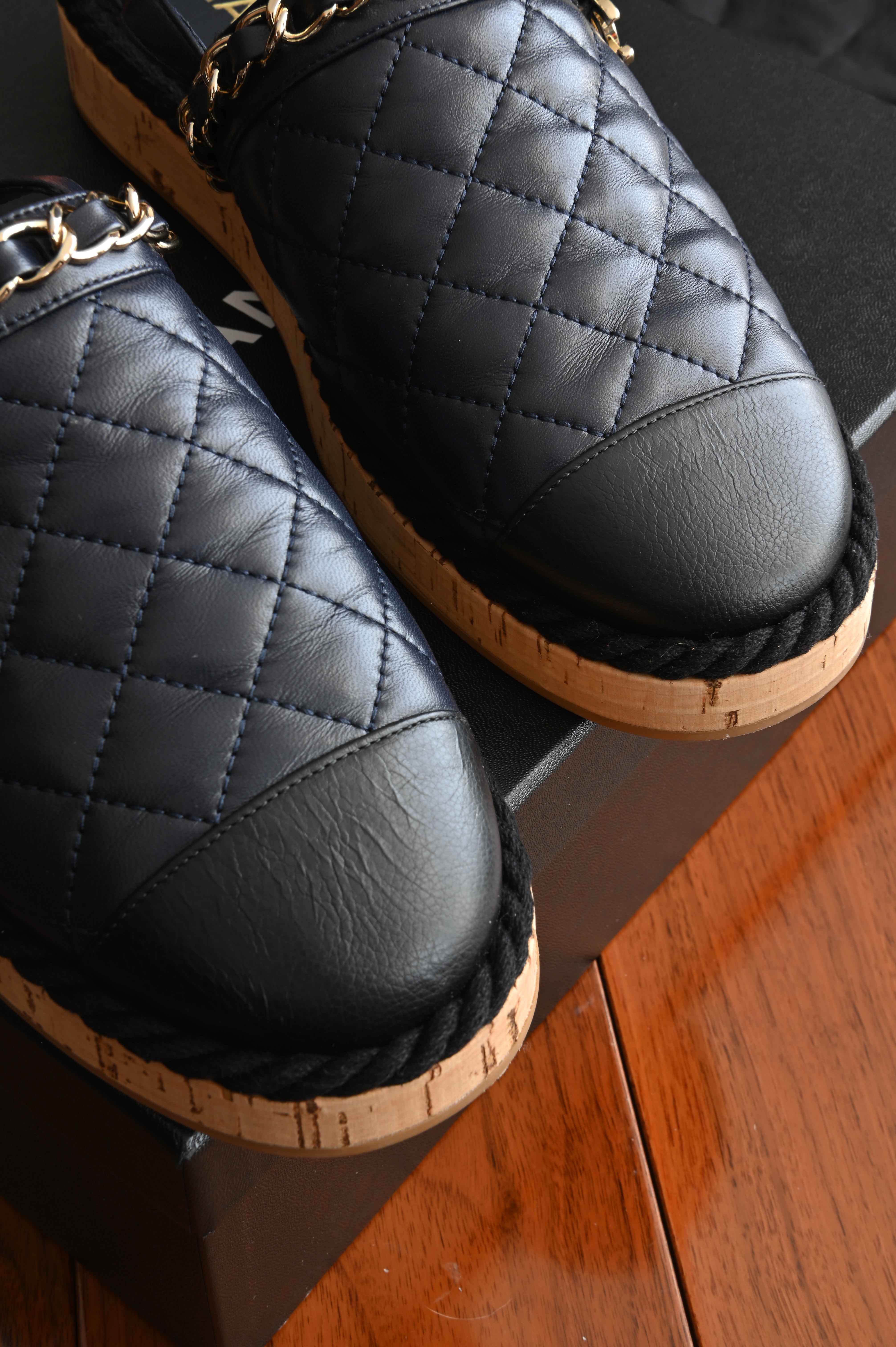 Chanel Quilted Slingback chained mules in Navy blue