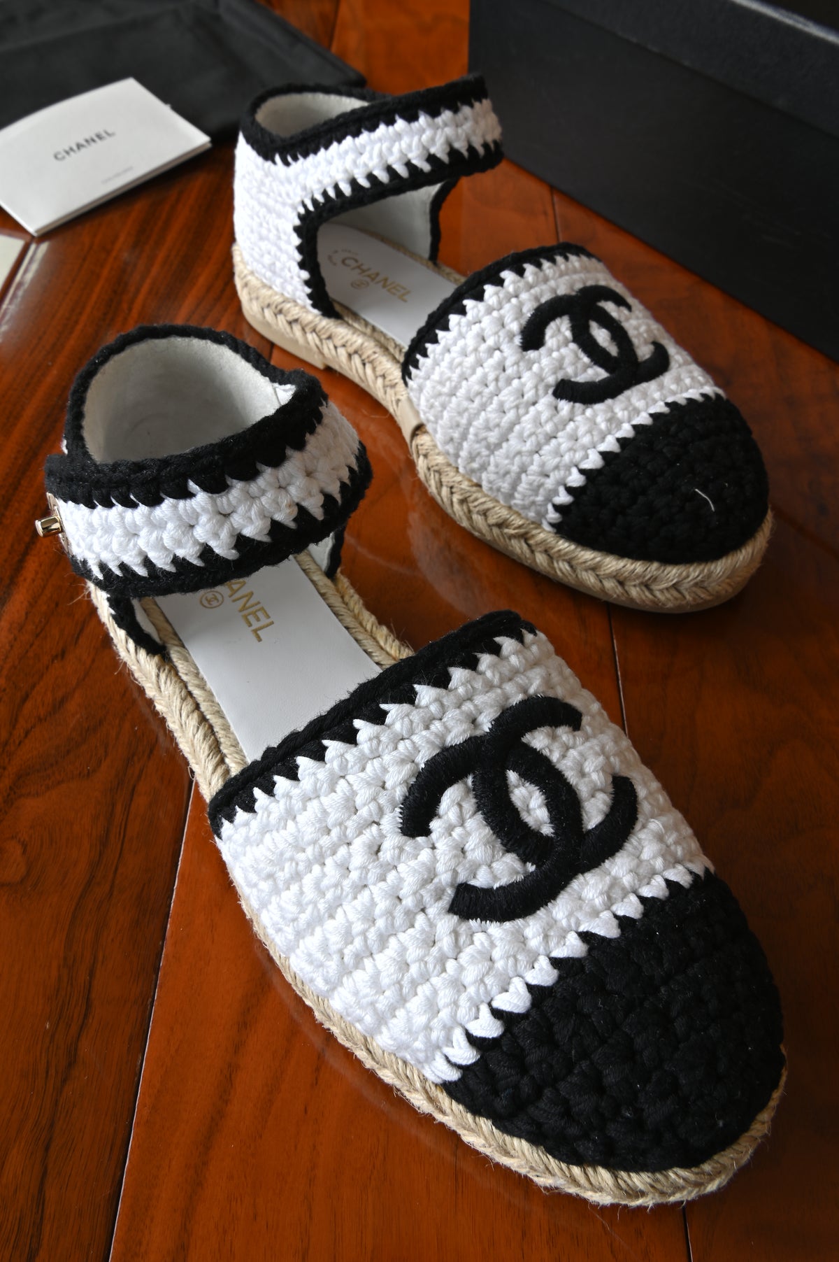 Chanel White Black Wool Ankle Strap Mules Espadrilles in Gold Hardware