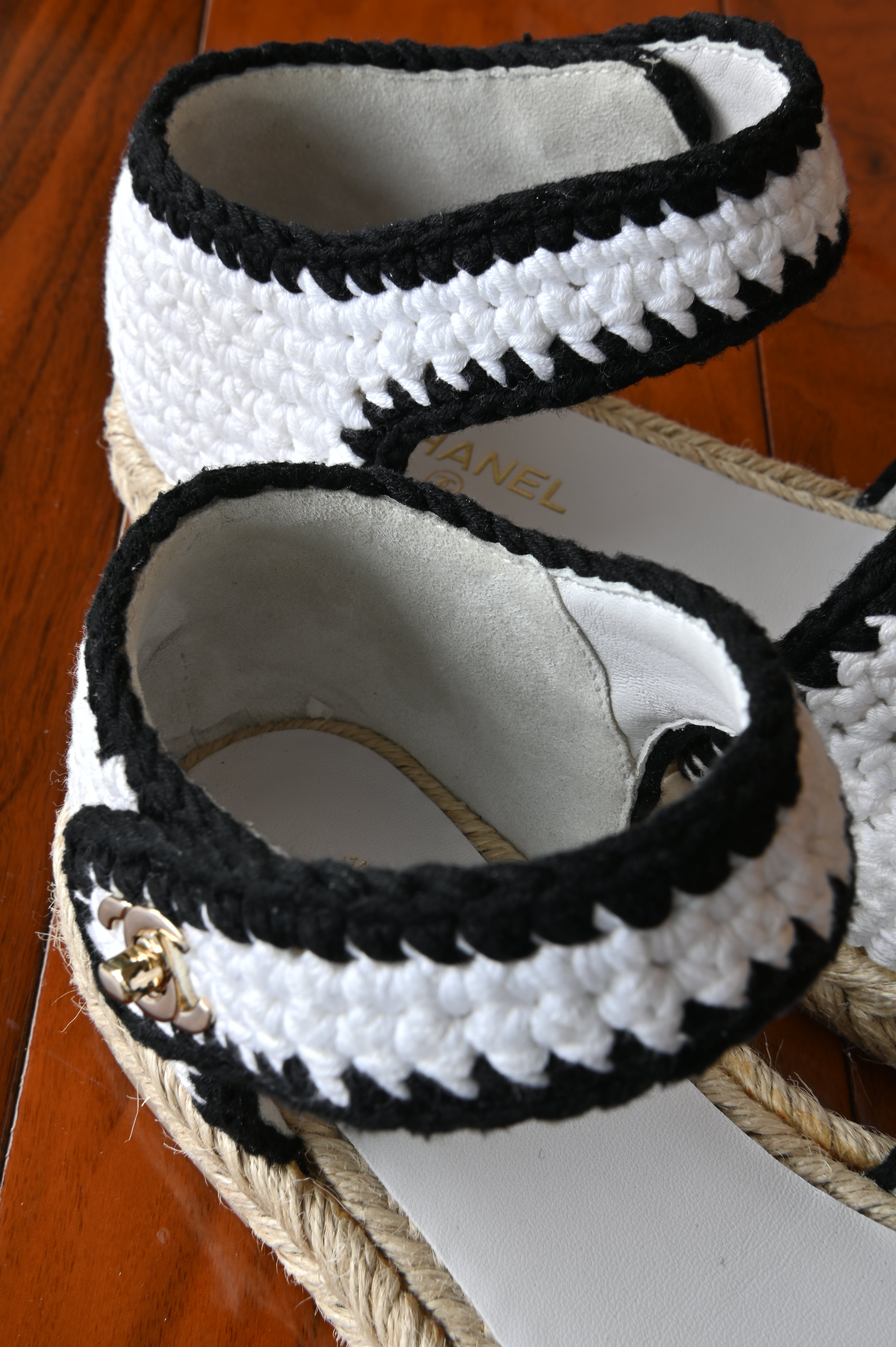 Chanel White Black Wool Ankle Strap Mules Espadrilles in Gold Hardware back