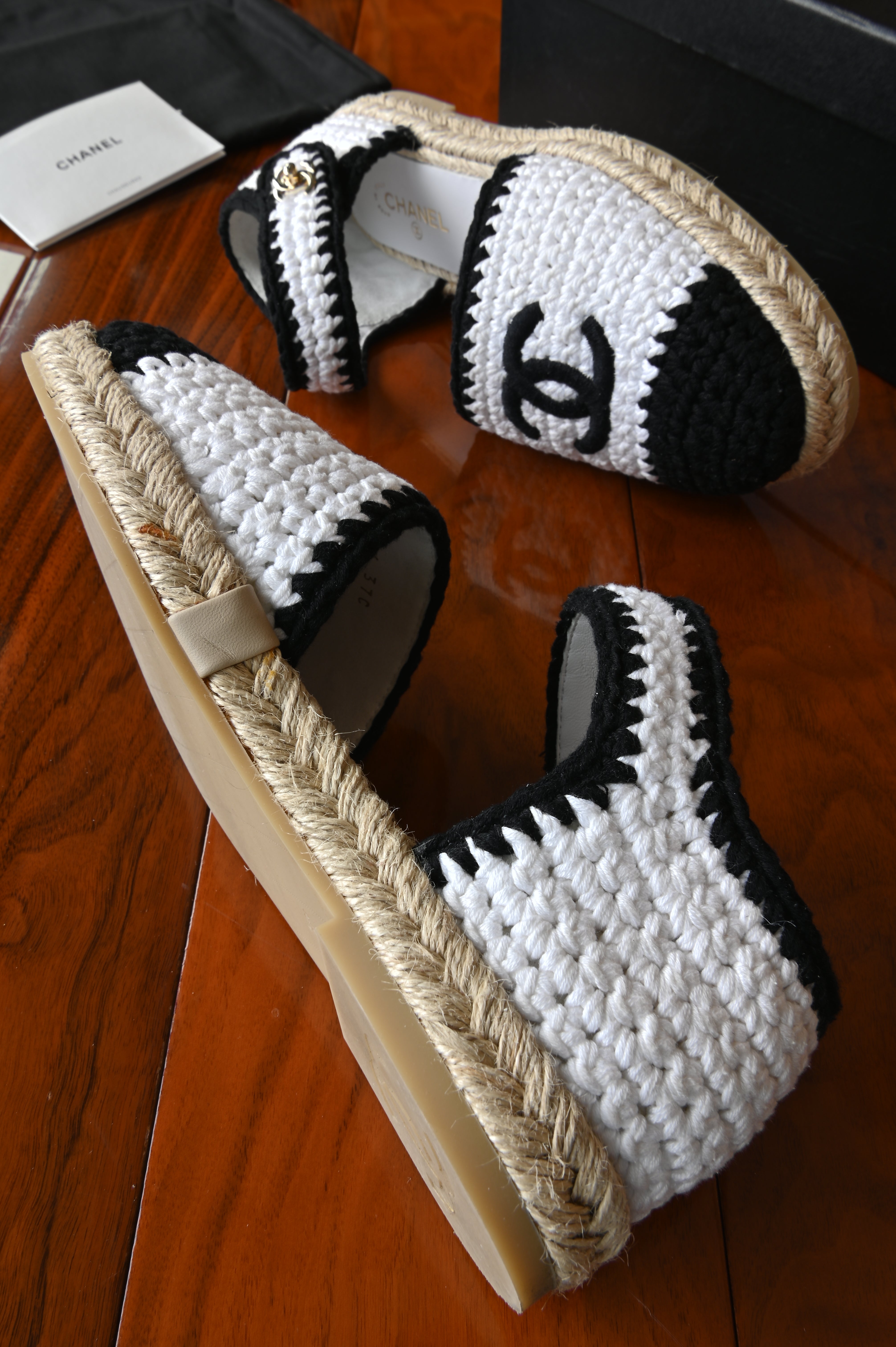 Chanel White Black Wool Ankle Strap Mules Espadrilles in Gold Hardware side two