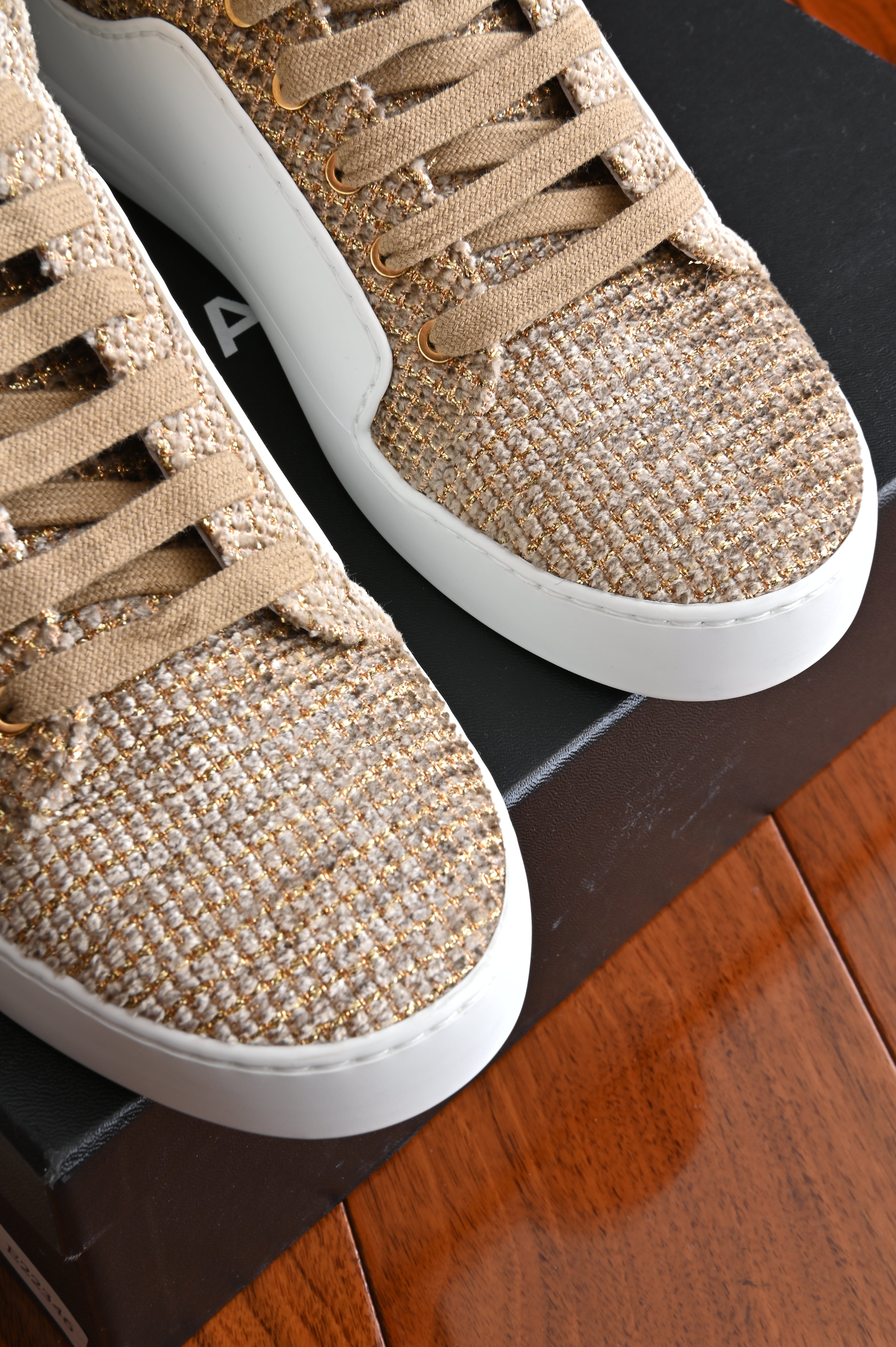 Chanel Yellow Tweed High-Top Sneakers front tips