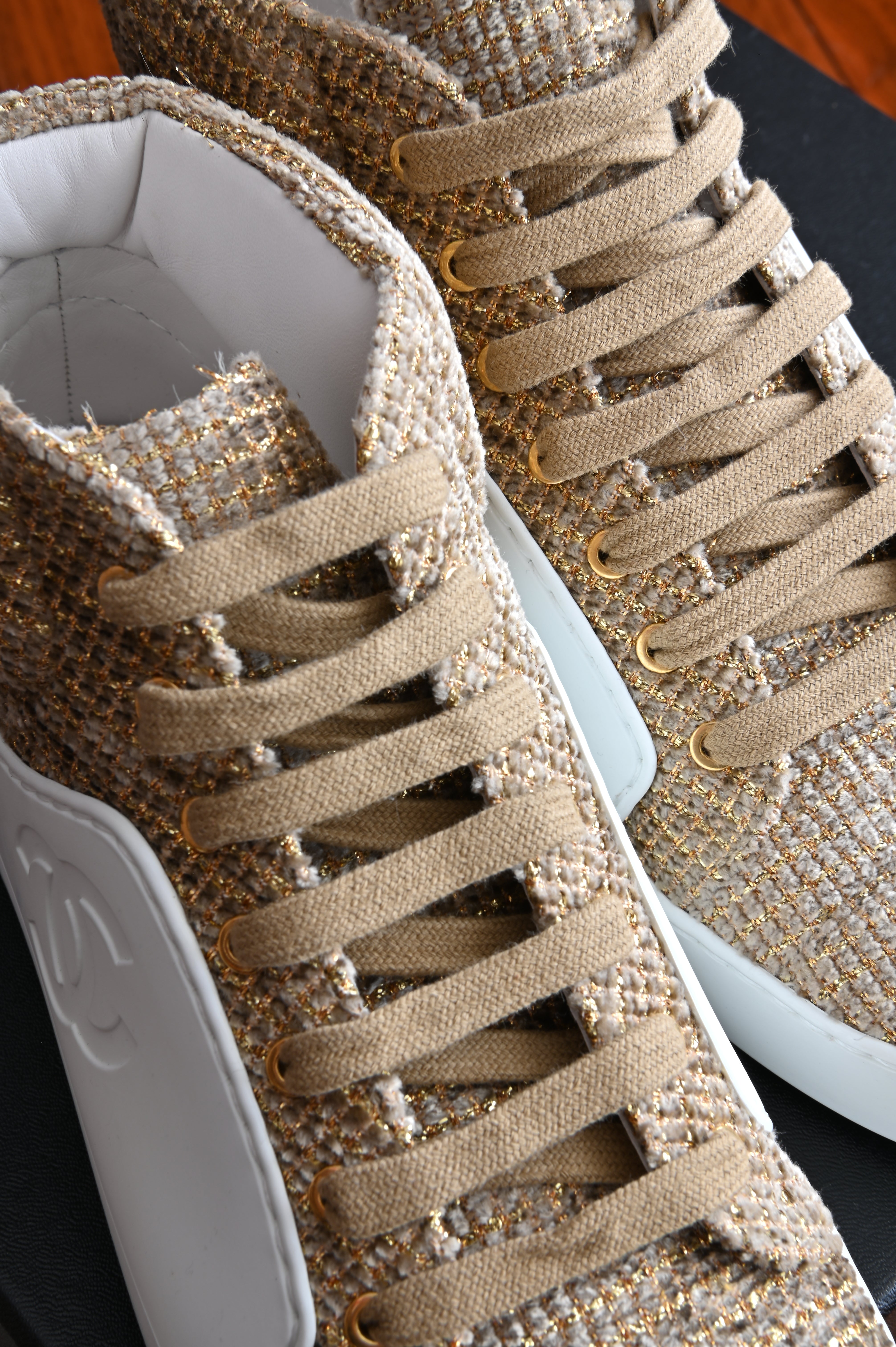 Chanel Yellow Tweed High-Top Sneakers laces