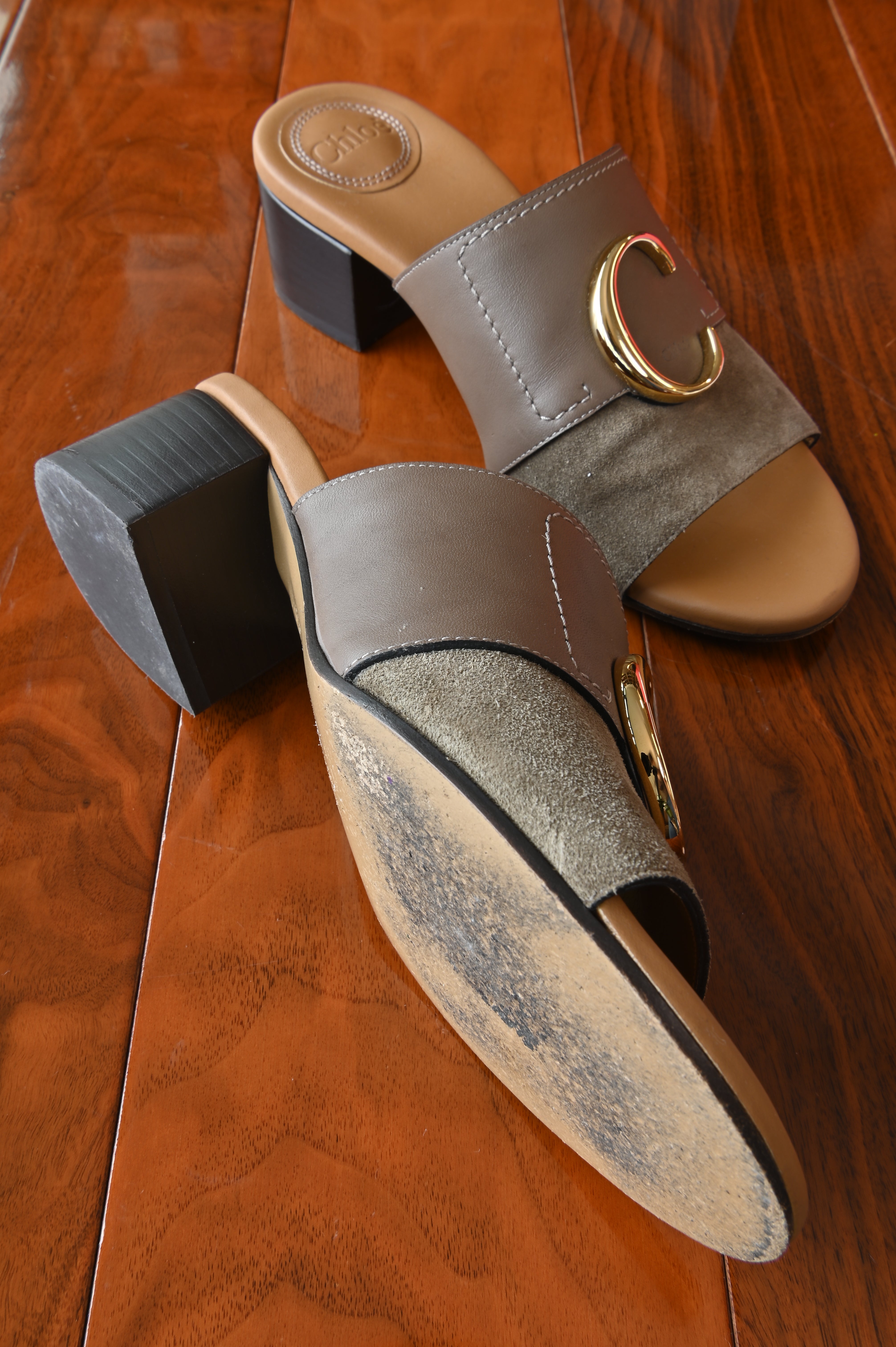 Chloe Logo Brown Suede Leather Sandals left