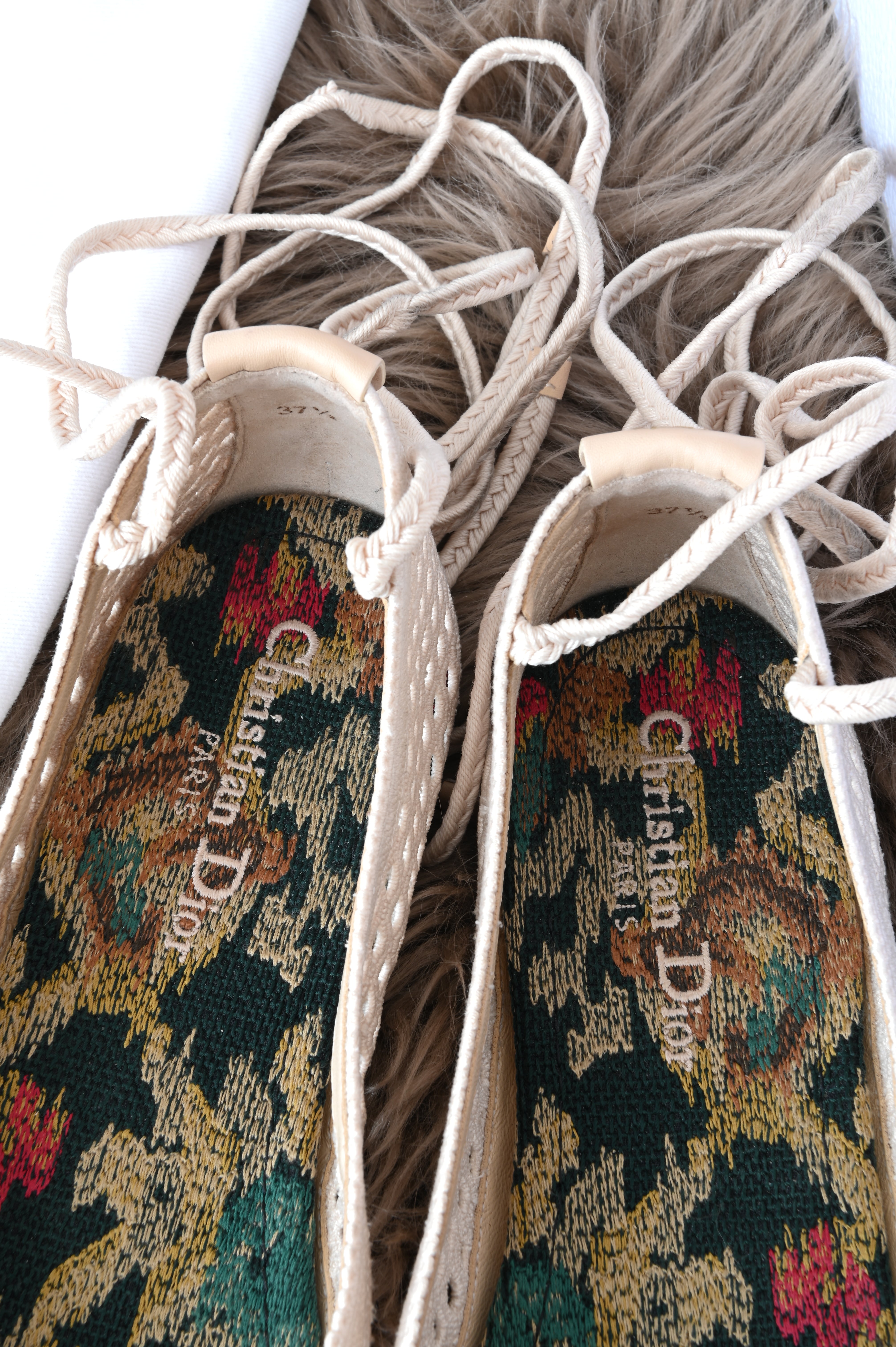 Christian Dior Cream Technical Fabric Poeme Ankle Wrap Ballet Flats details