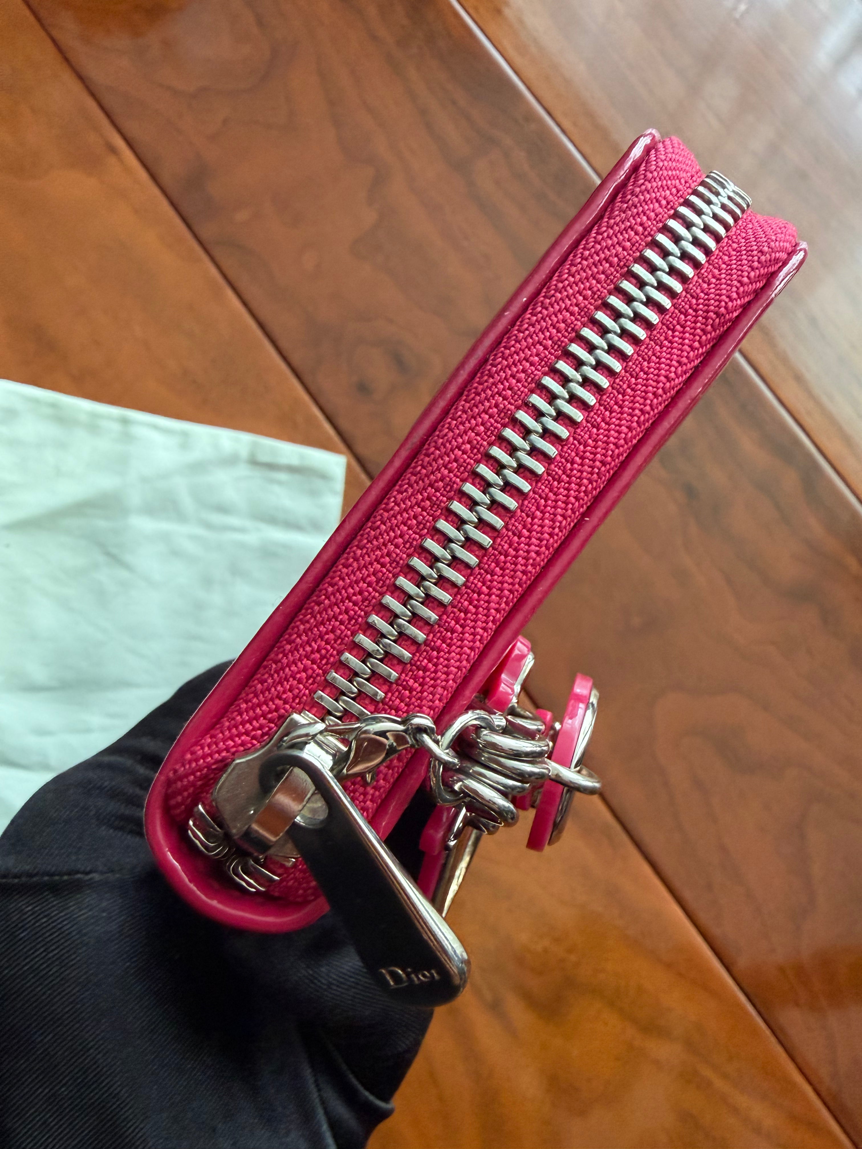 Christian Dior Quilted Zip around pink patent Mid wallet zipper two