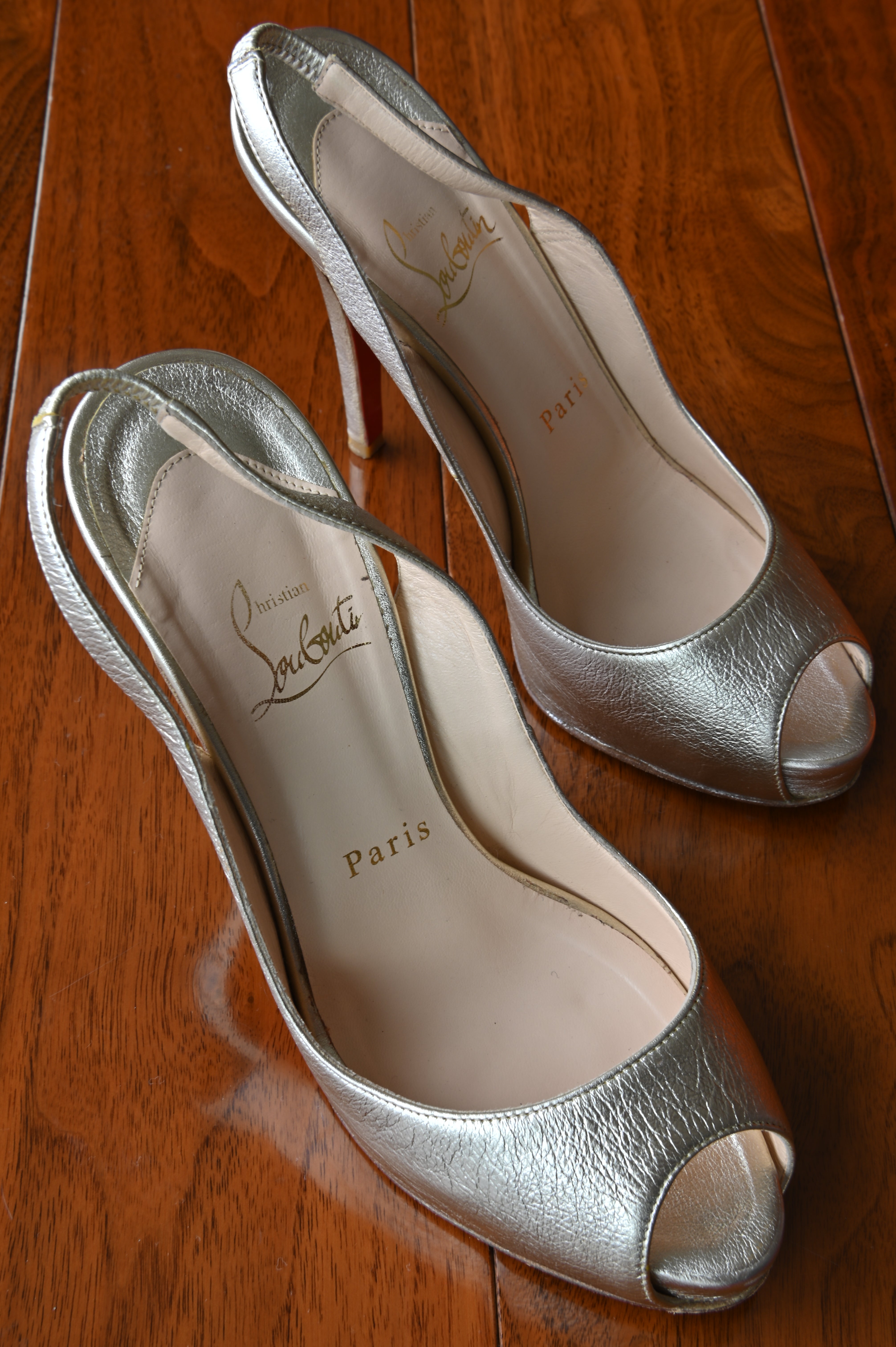 Christian Louboutin Silver Metallic Leather Slingback Pumps
