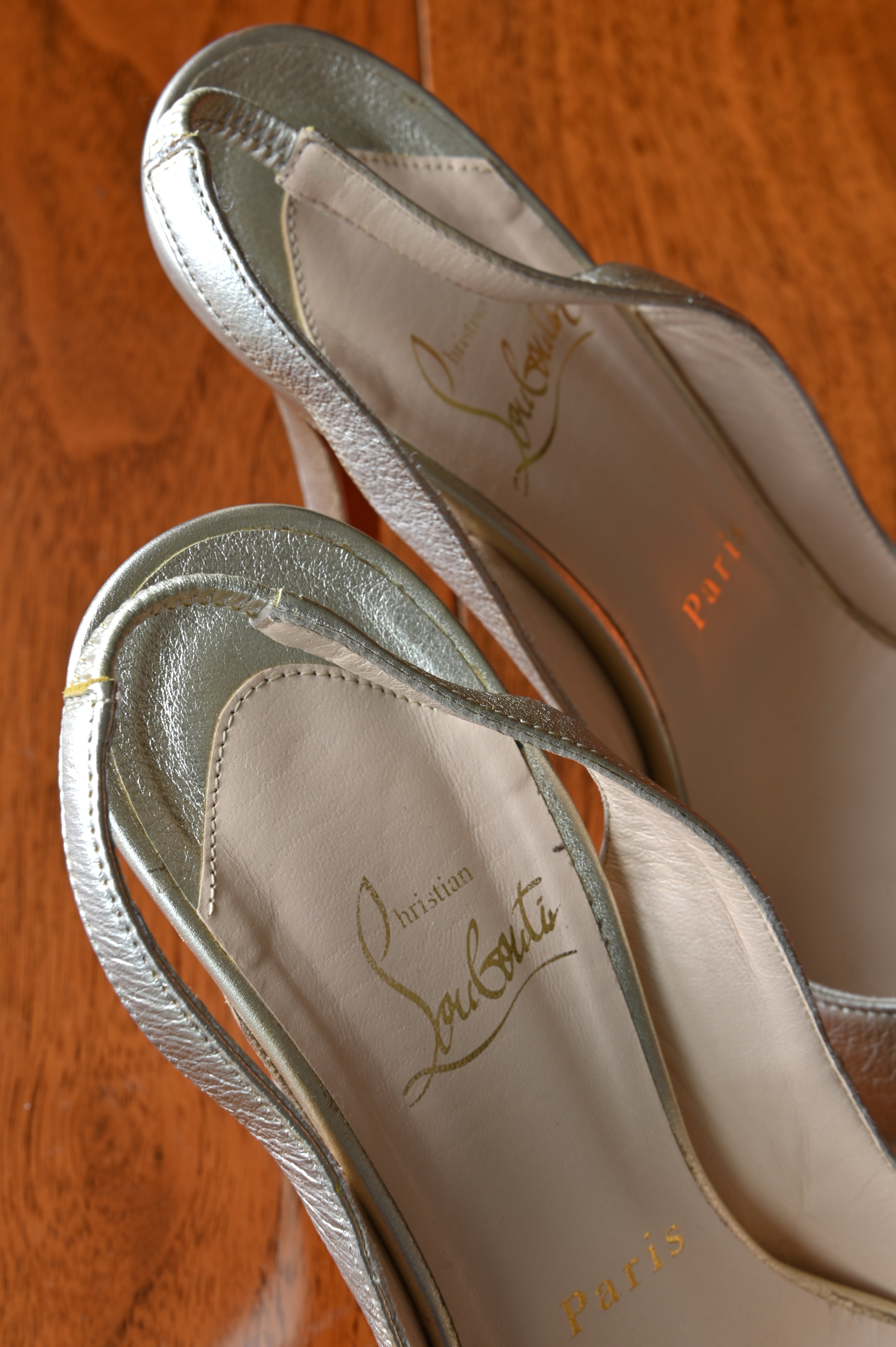 Christian Louboutin Silver Metallic Leather Slingback Pumps back