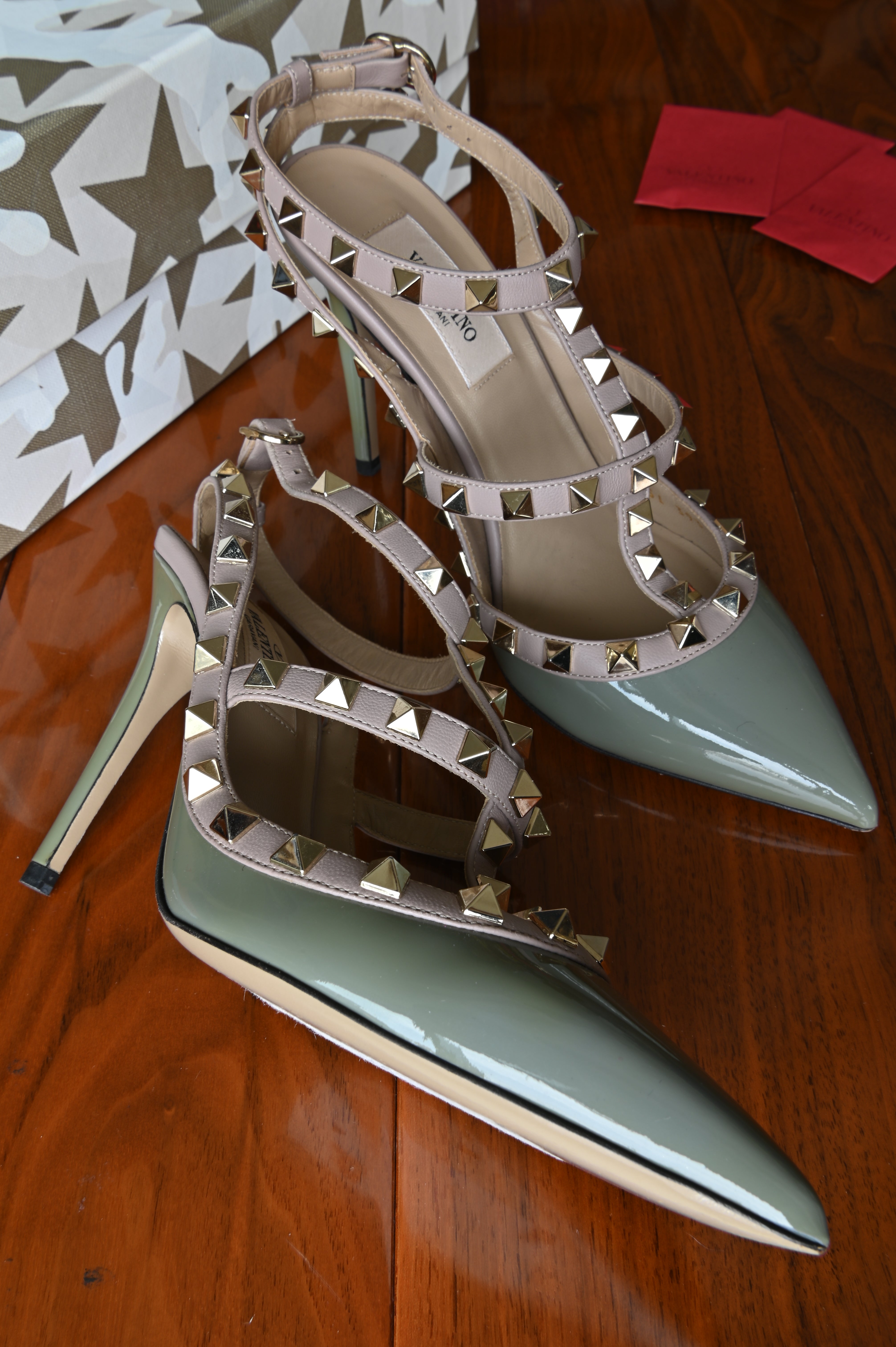 Valentino Garavani Green Patent Rockstud Caged Heels