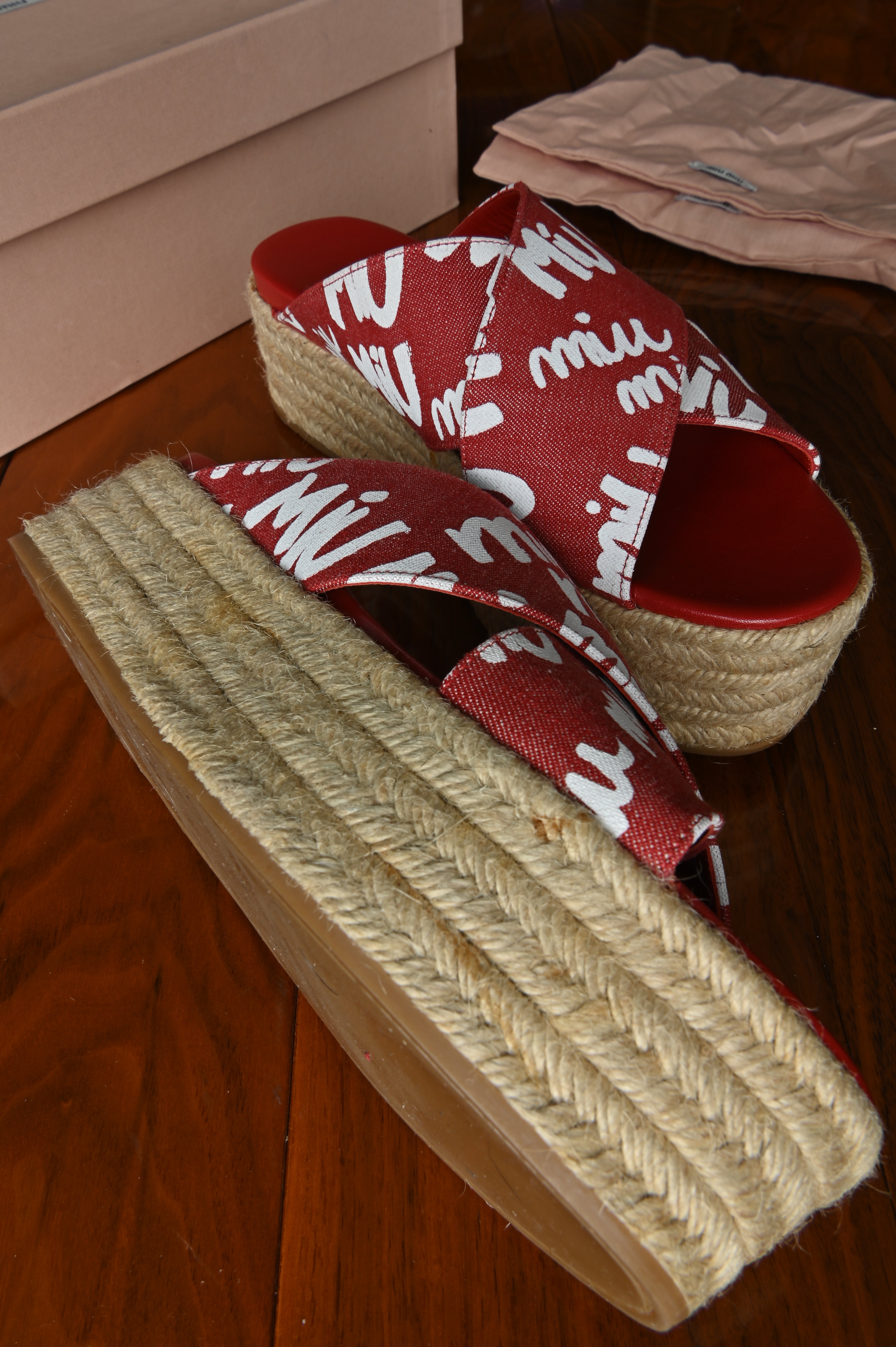 Miu Miu Red Denim Espadrilles Platform Sandals.