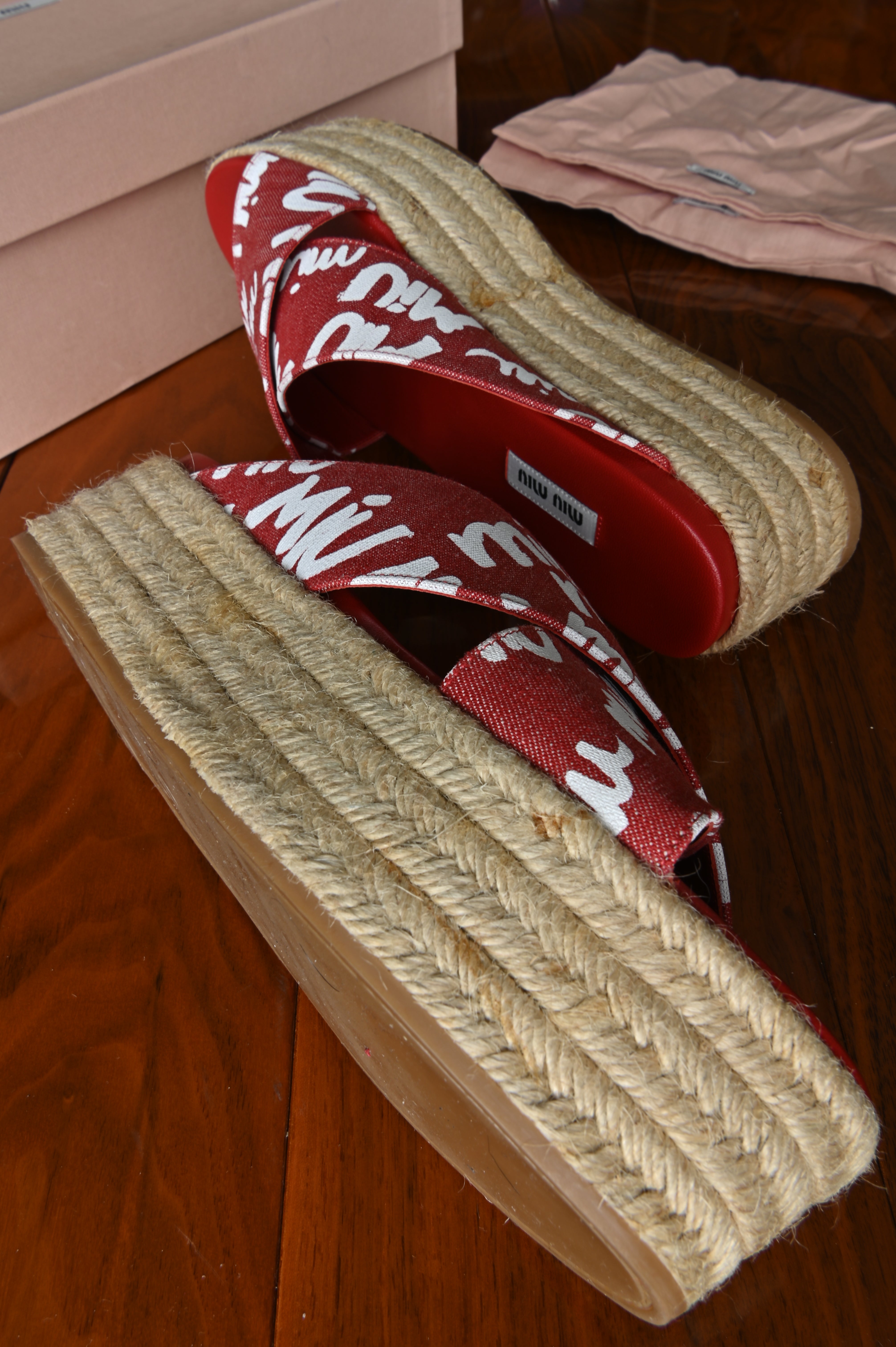 Miu Miu Red Denim Espadrilles Platform Sandals.