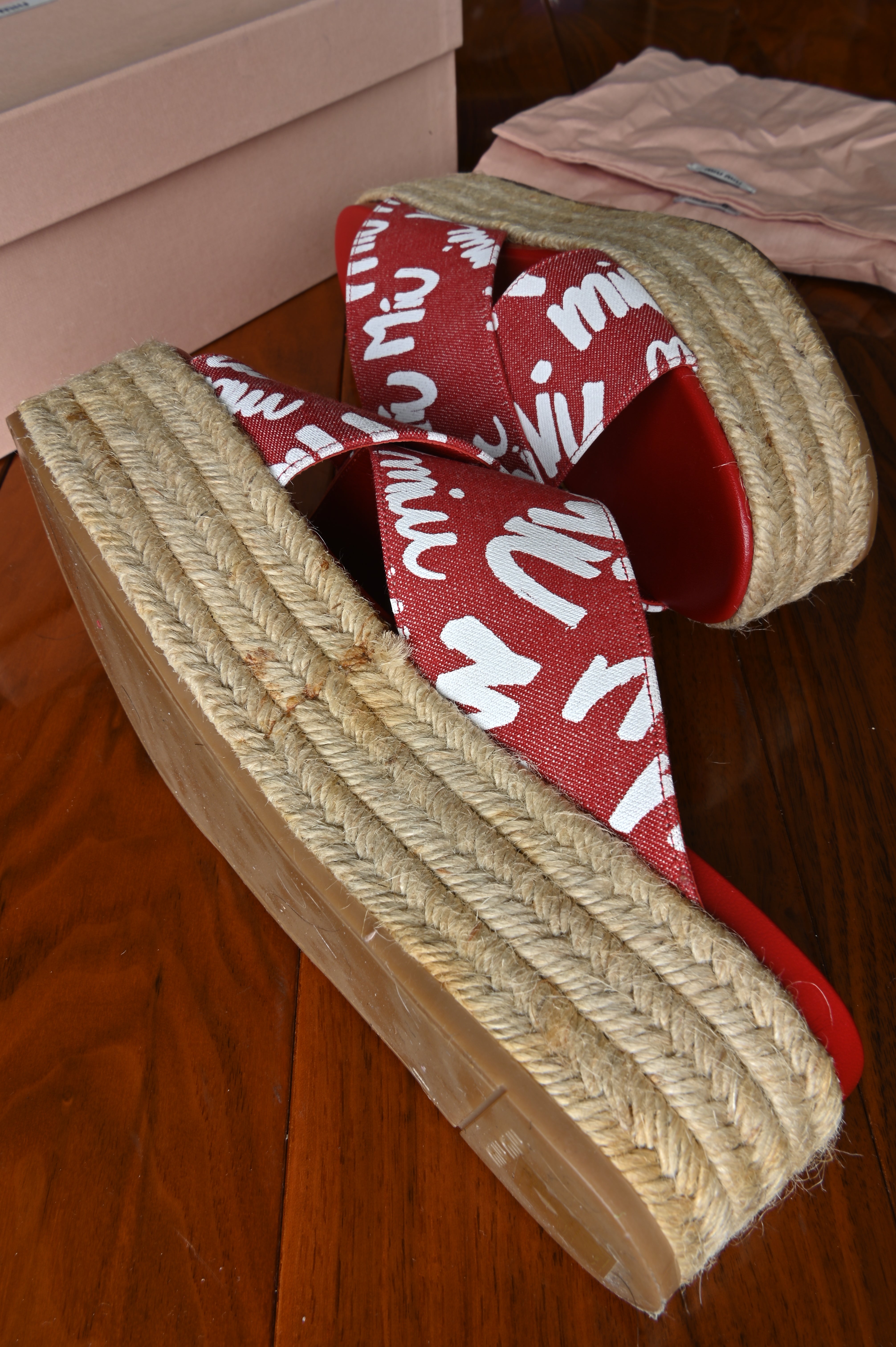Miu Miu Red Denim Espadrilles Platform Sandals.