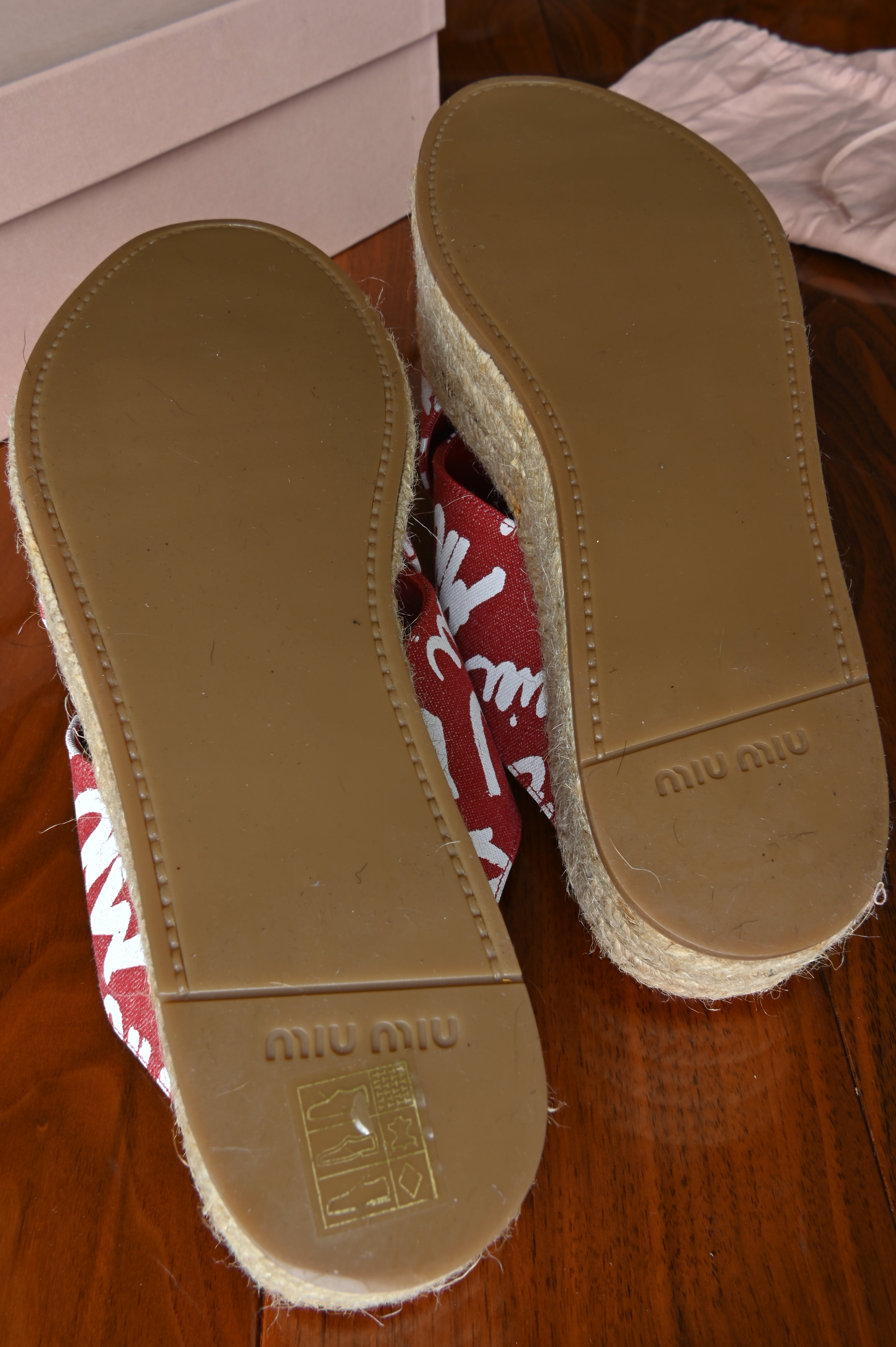 Miu Miu Red Denim Espadrilles Platform Sandals.