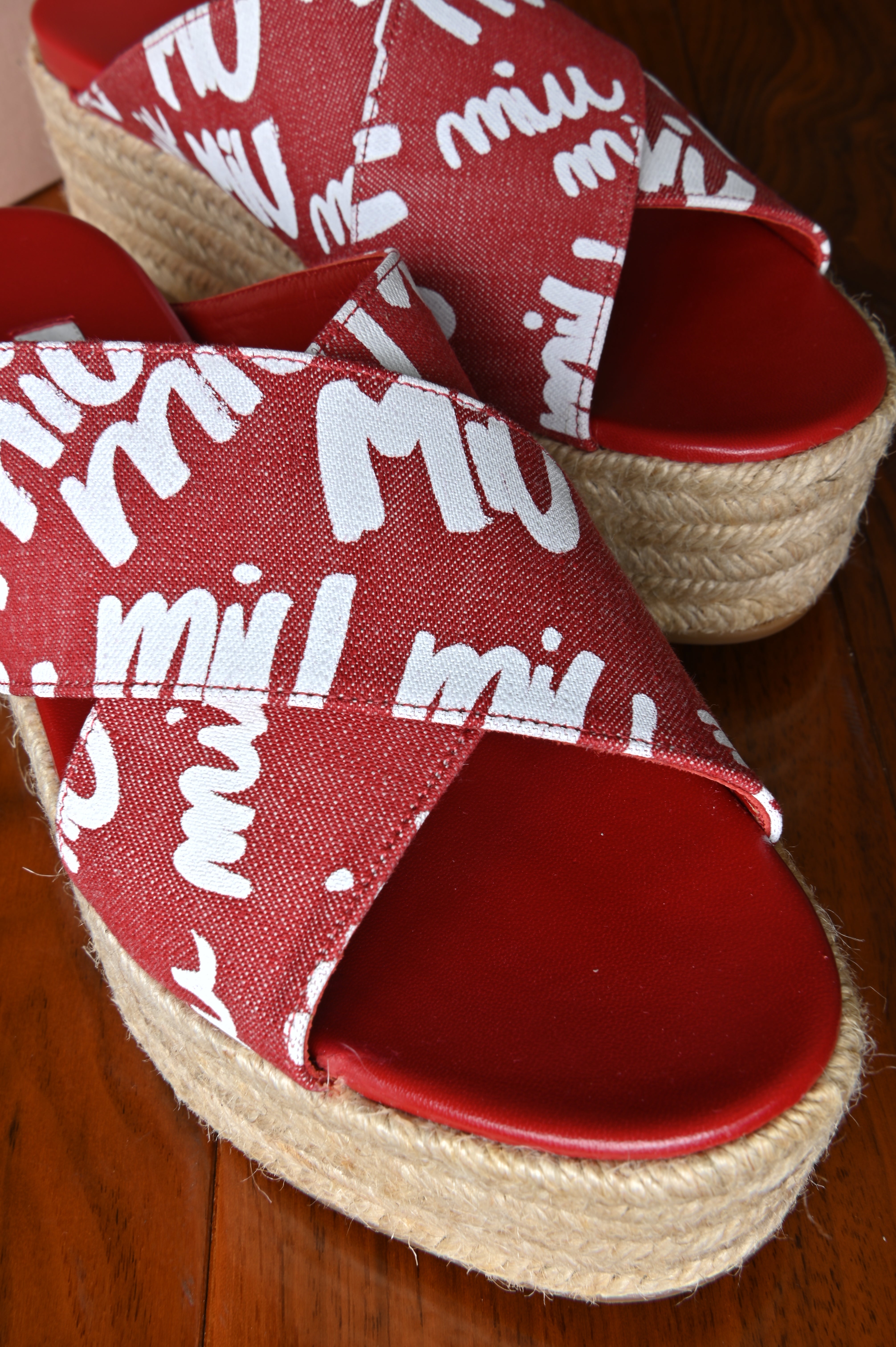 Miu Miu Red Denim Espadrilles Platform Sandals.