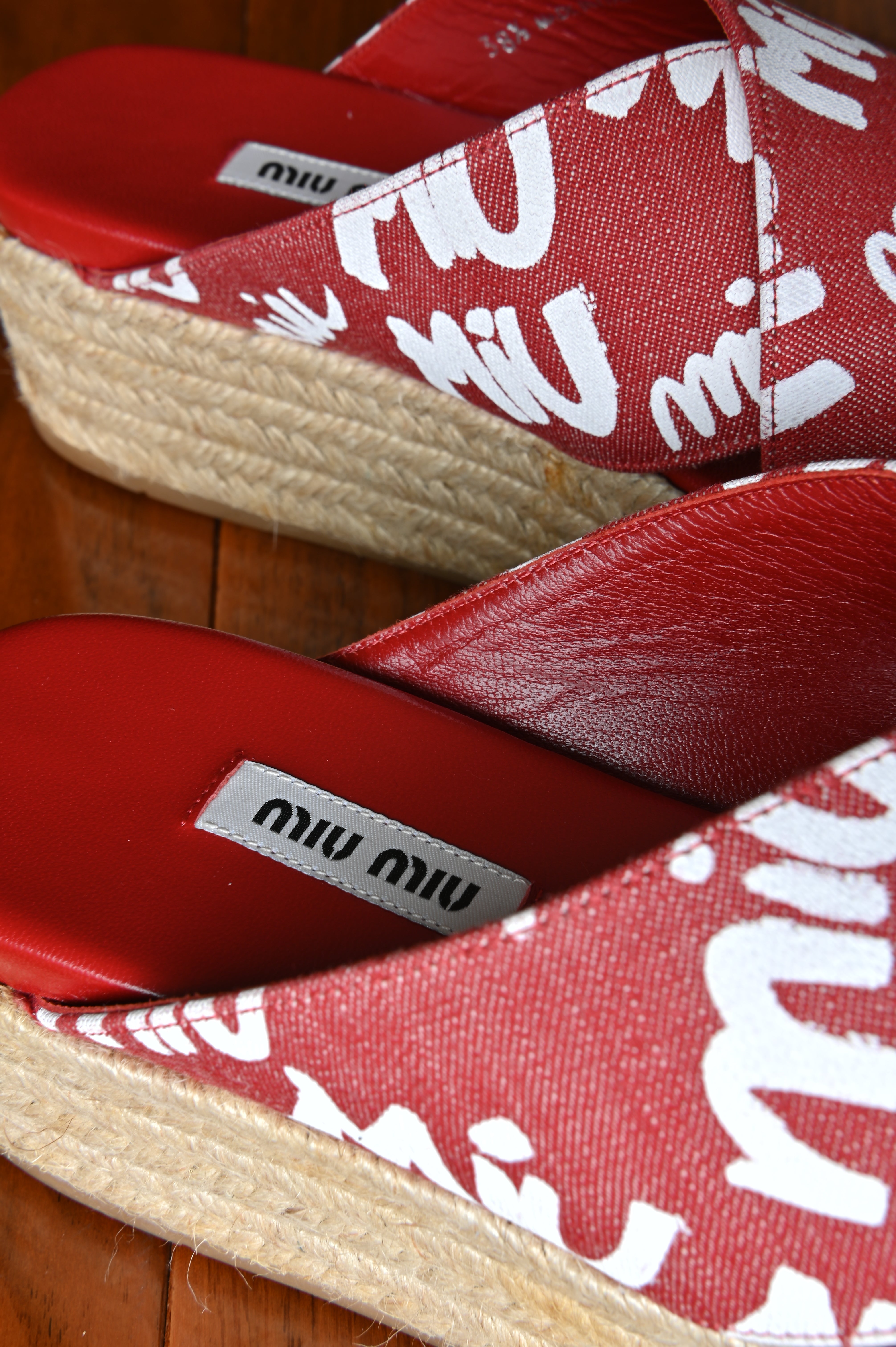 Miu Miu Red Denim Espadrilles Platform Sandals.