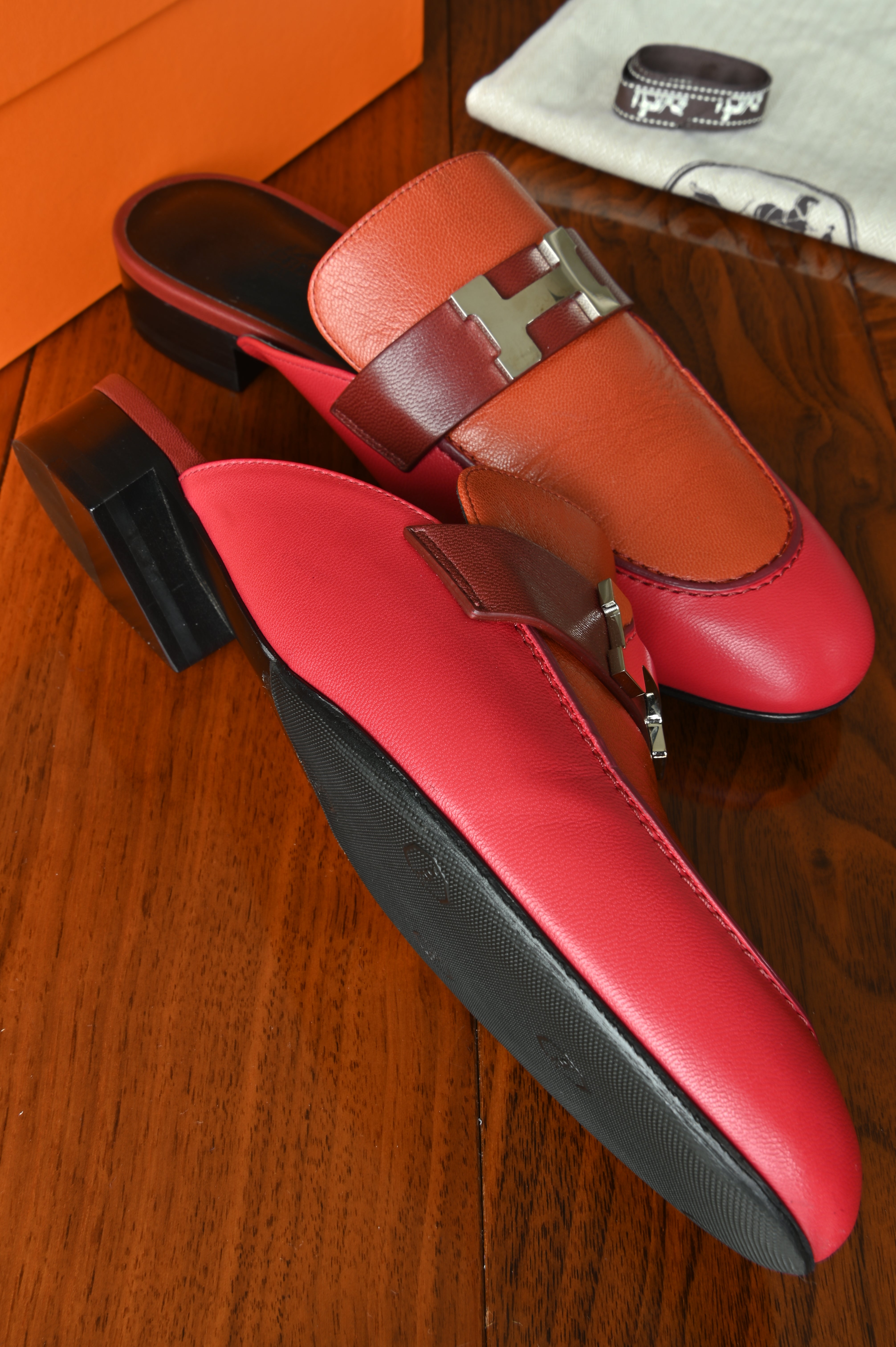 Hermès Trocadero mules in a tricolor