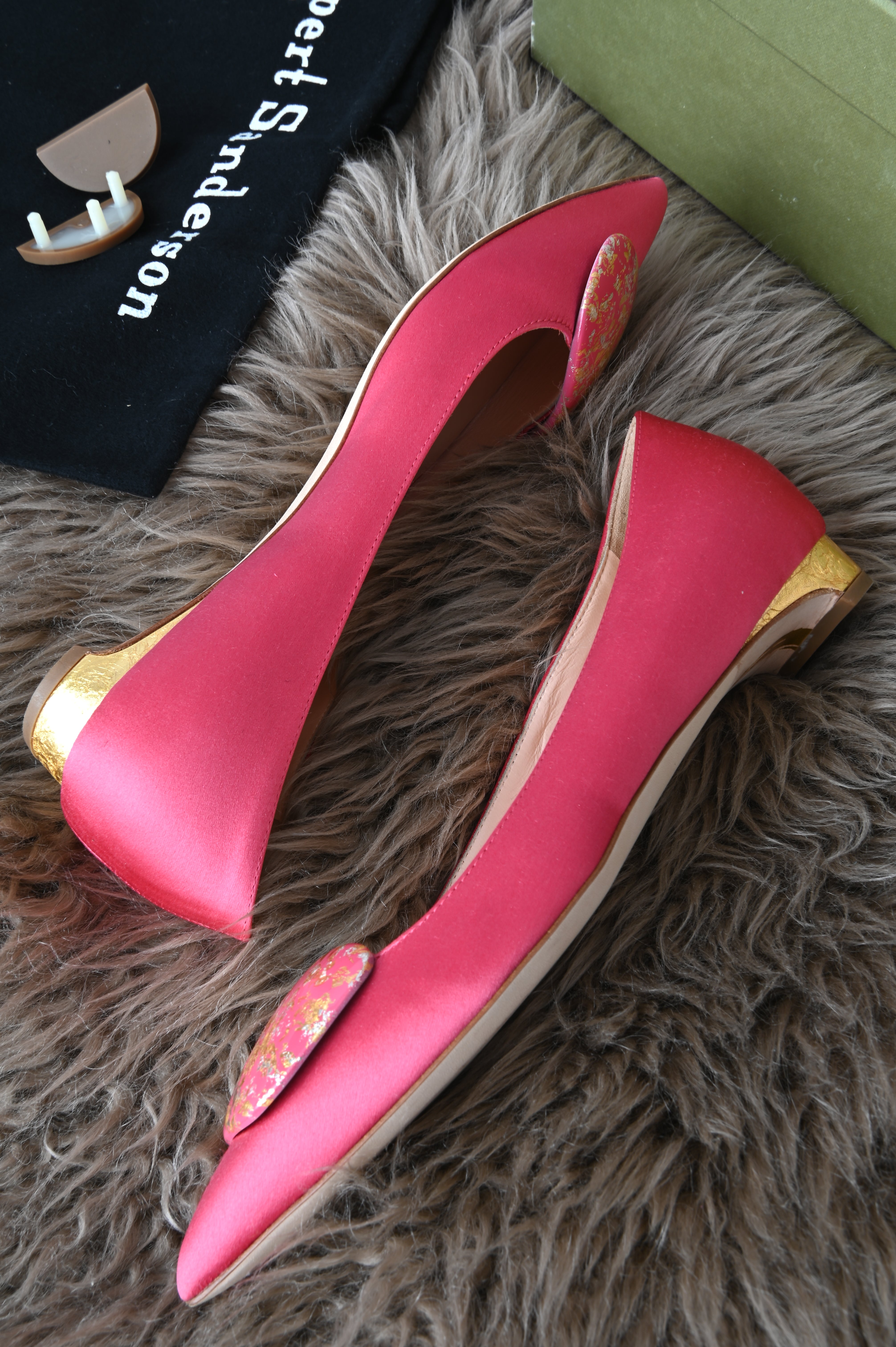 Rupert Sanderson pointed flats in pink with gold tone
