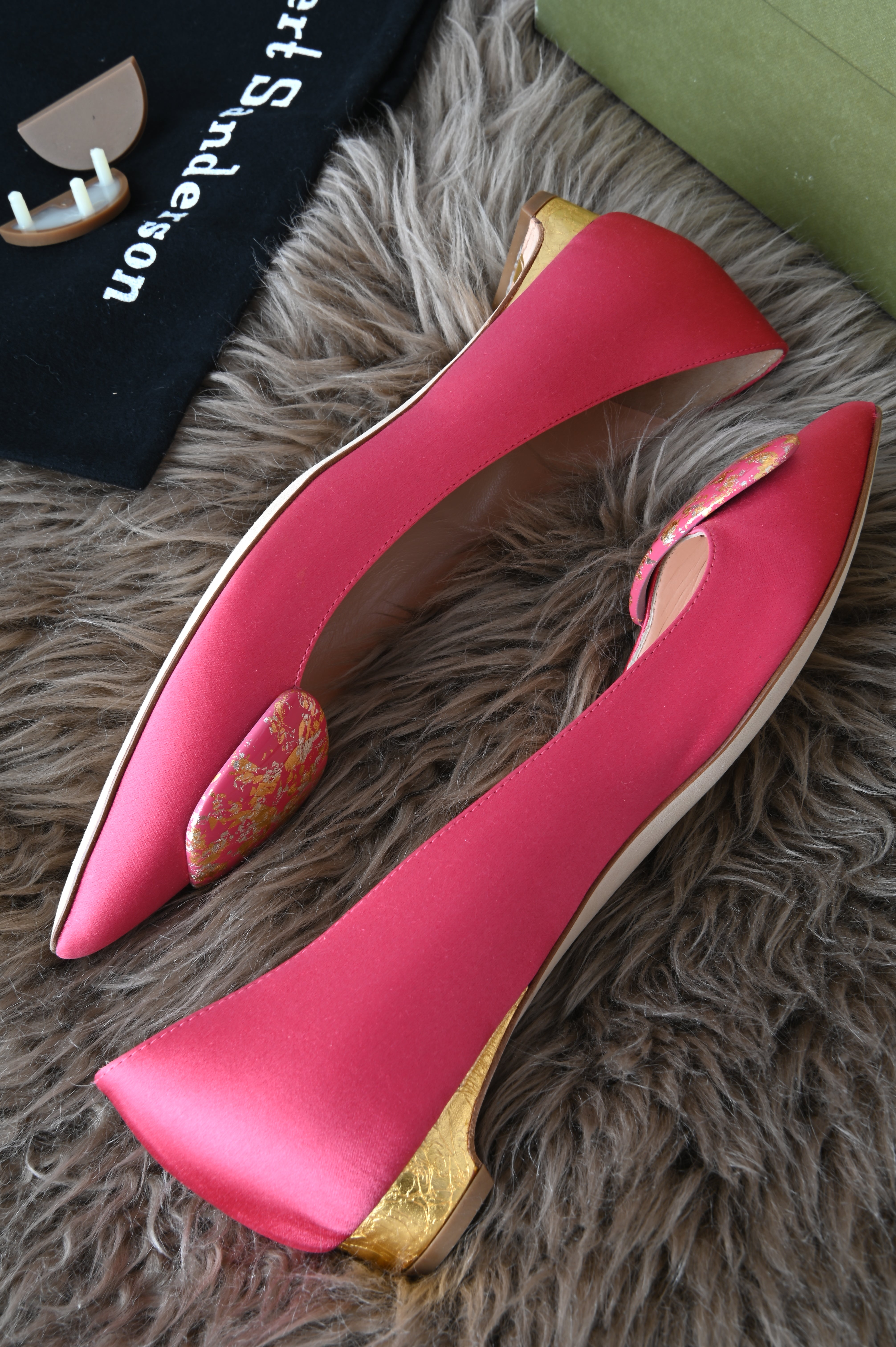 Rupert Sanderson pointed flats in pink with gold tone