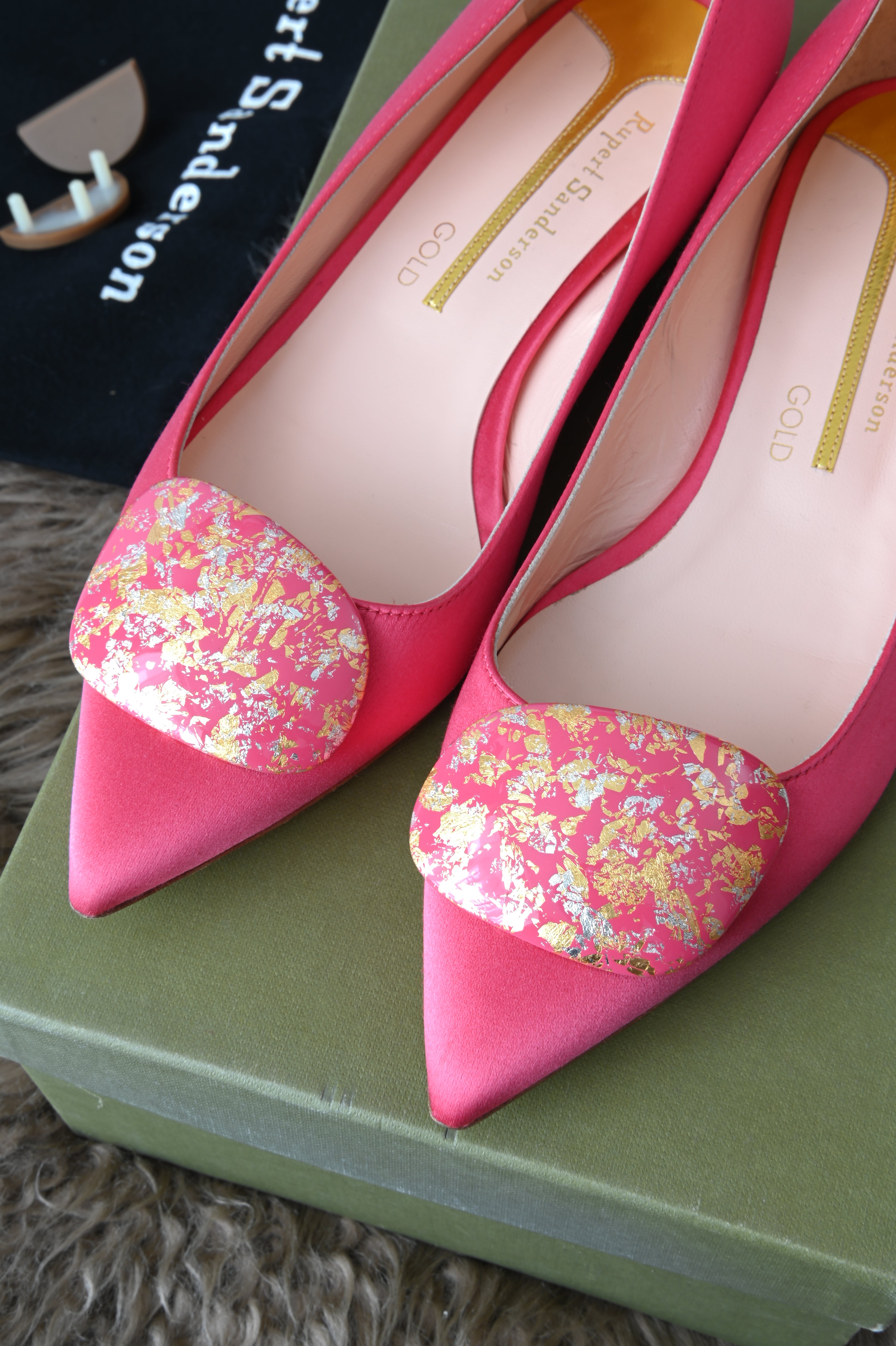Rupert Sanderson pointed flats in pink with gold tone