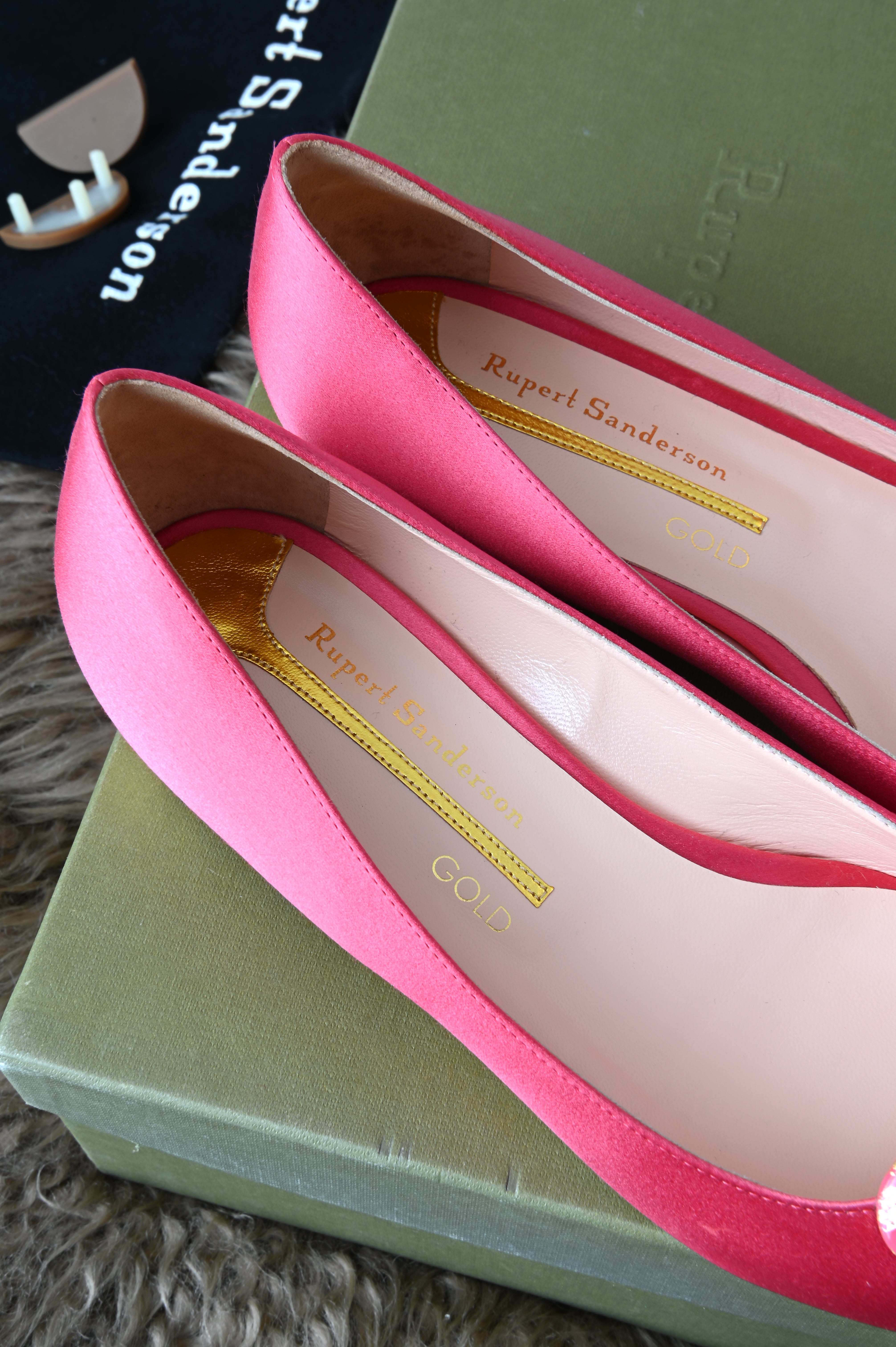 Rupert Sanderson pointed flats in pink with gold tone