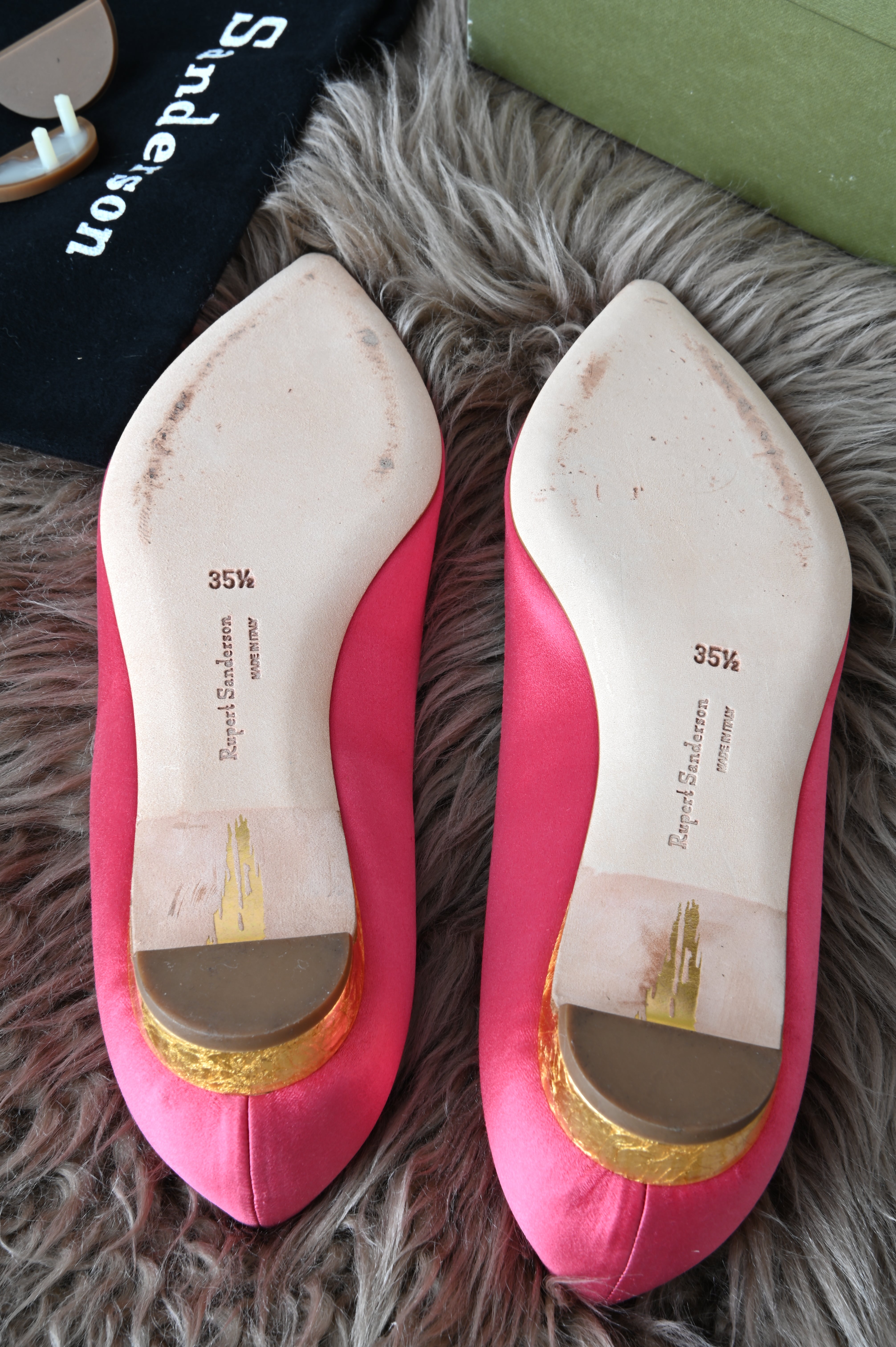 Rupert Sanderson pointed flats in pink with gold tone