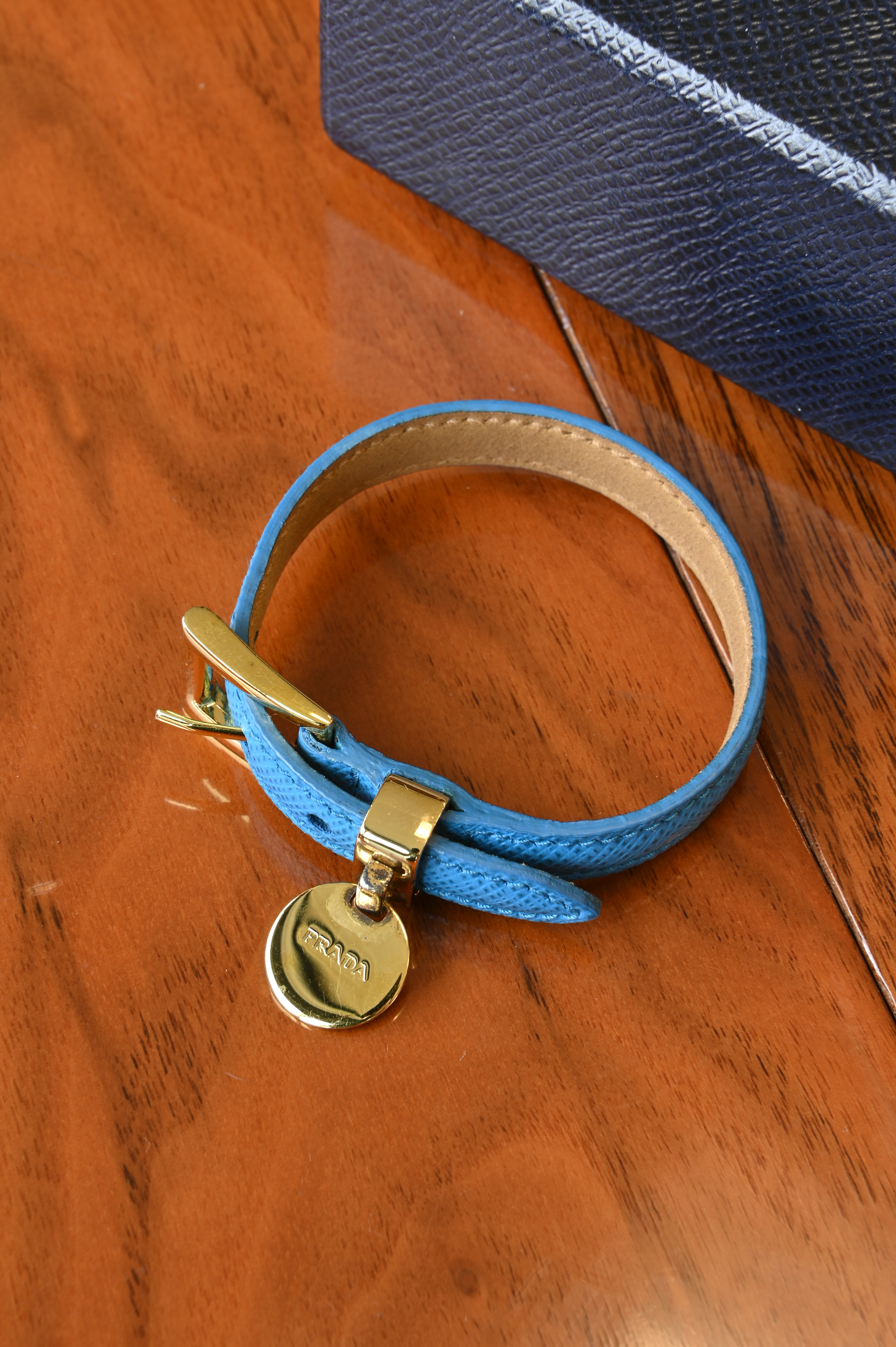 Prada Saffiano Blue Logo Bracelet