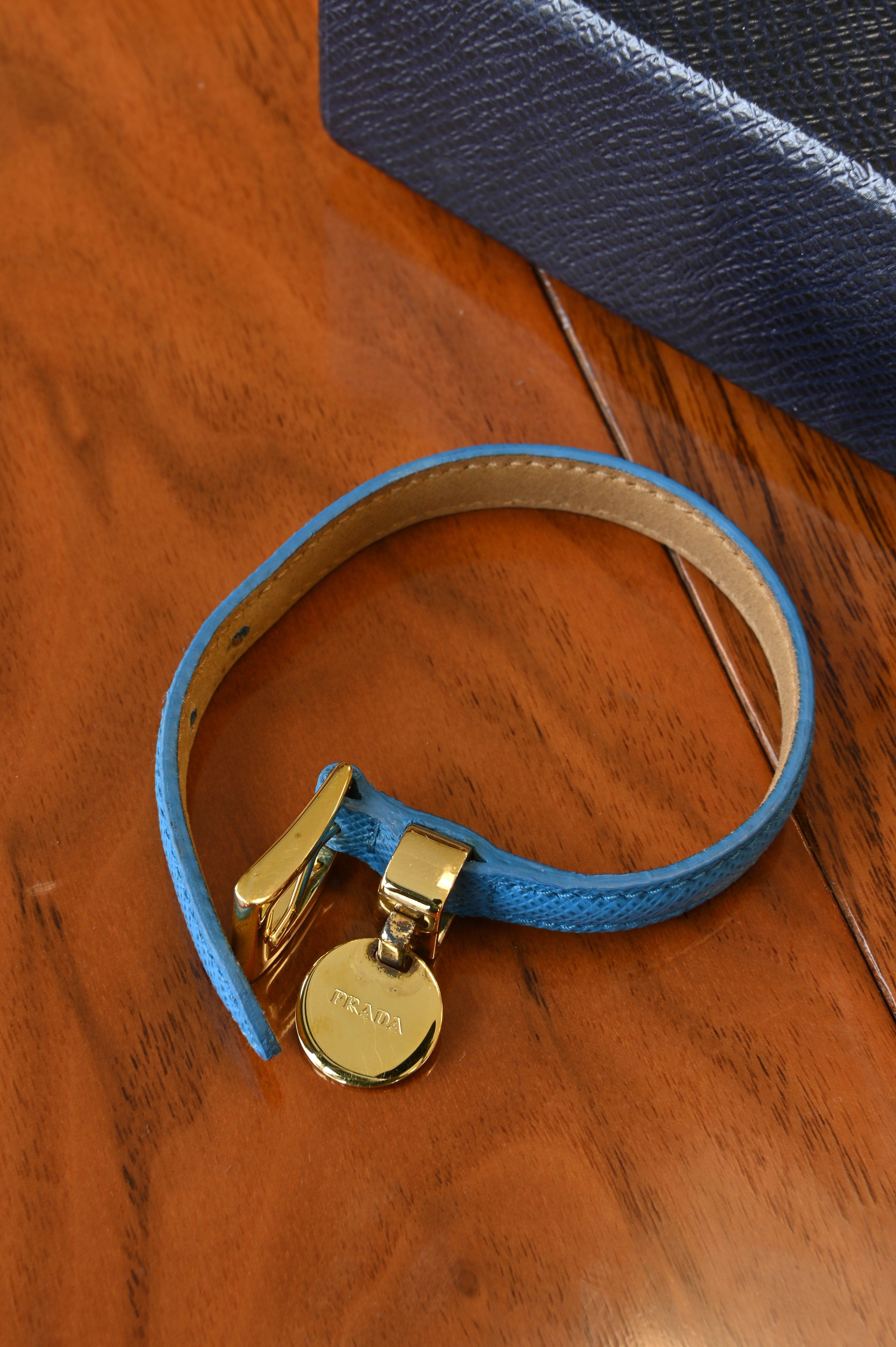 Prada Saffiano Blue Logo Bracelet