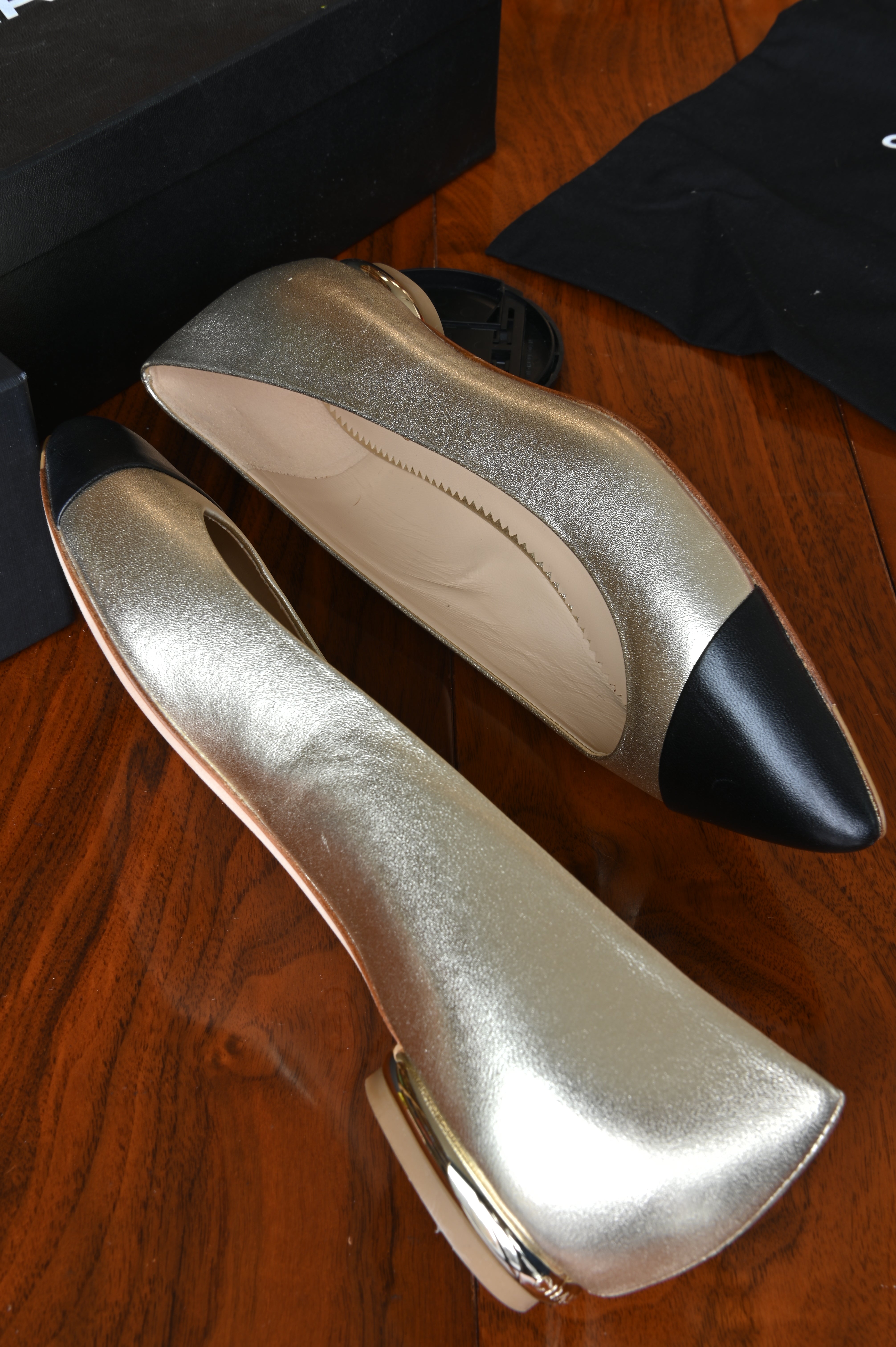 Chanel CC Logo Silver Black Flats